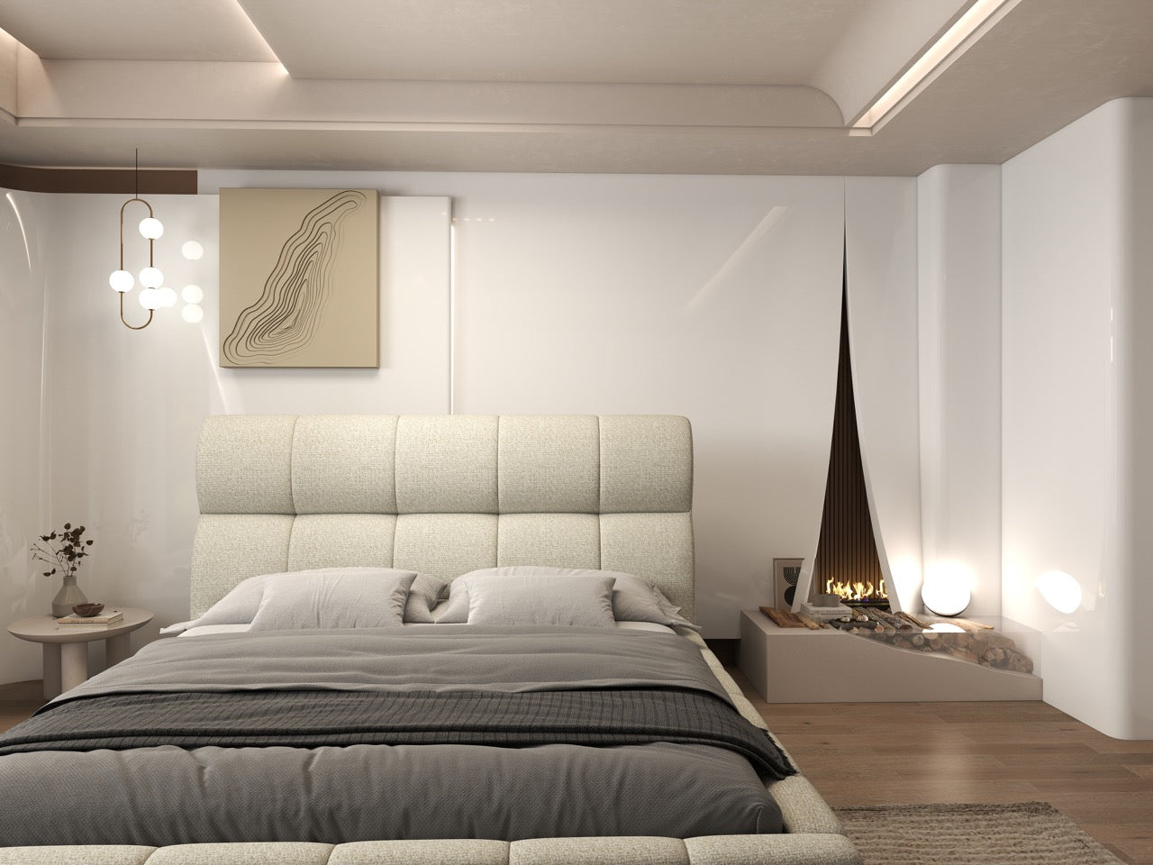 Pat dormitor dumonde, tapitat bej, Prestige 180x200 cm, somiera rabatabila inclusa, spatiu depozitare