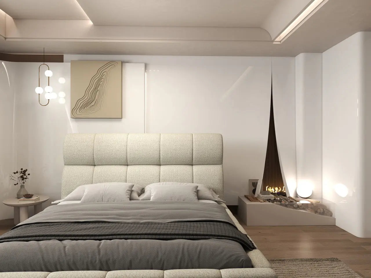 Pat dormitor dumonde, tapitat bej, Prestige 180x200 cm, somiera rabatabila inclusa, spatiu depozitare WLS