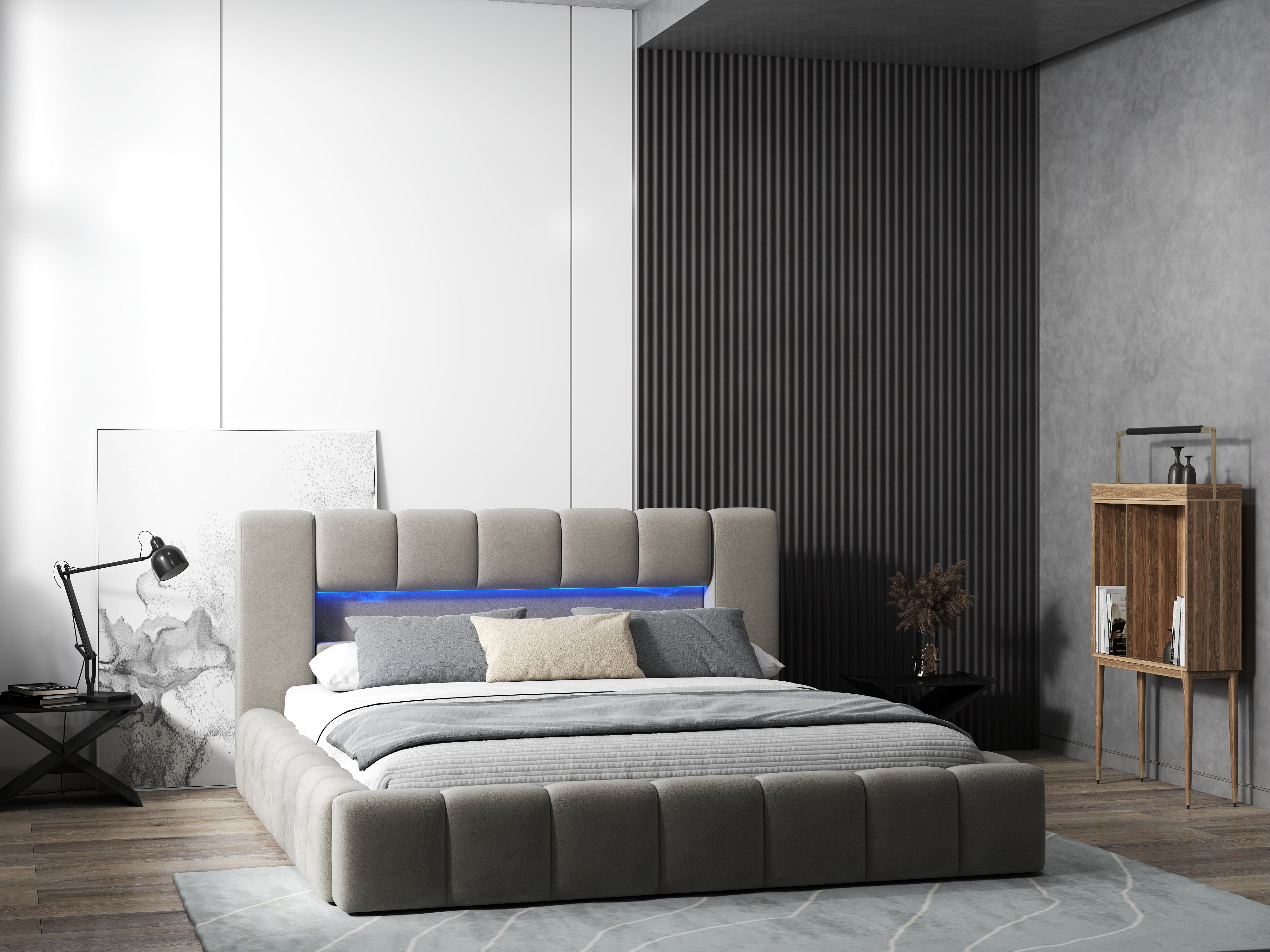 Pat dormitor dumonde, tapitat bej cu LED si USB, Palermo 160x200 cm, somiera rabatabila inclusa, spatiu depozitare WLS