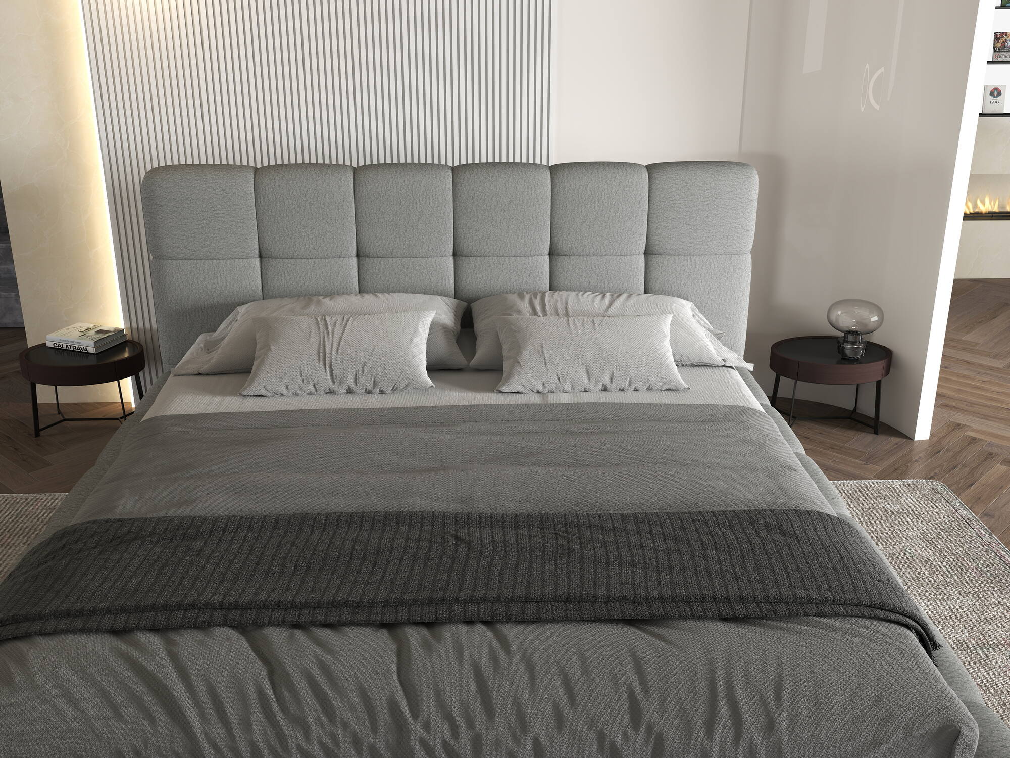 Pat dormitor dumonde, tapitat gri, Lorenzo 180X200 cm, somiera rabatabila inclusa, spatiu depozitare