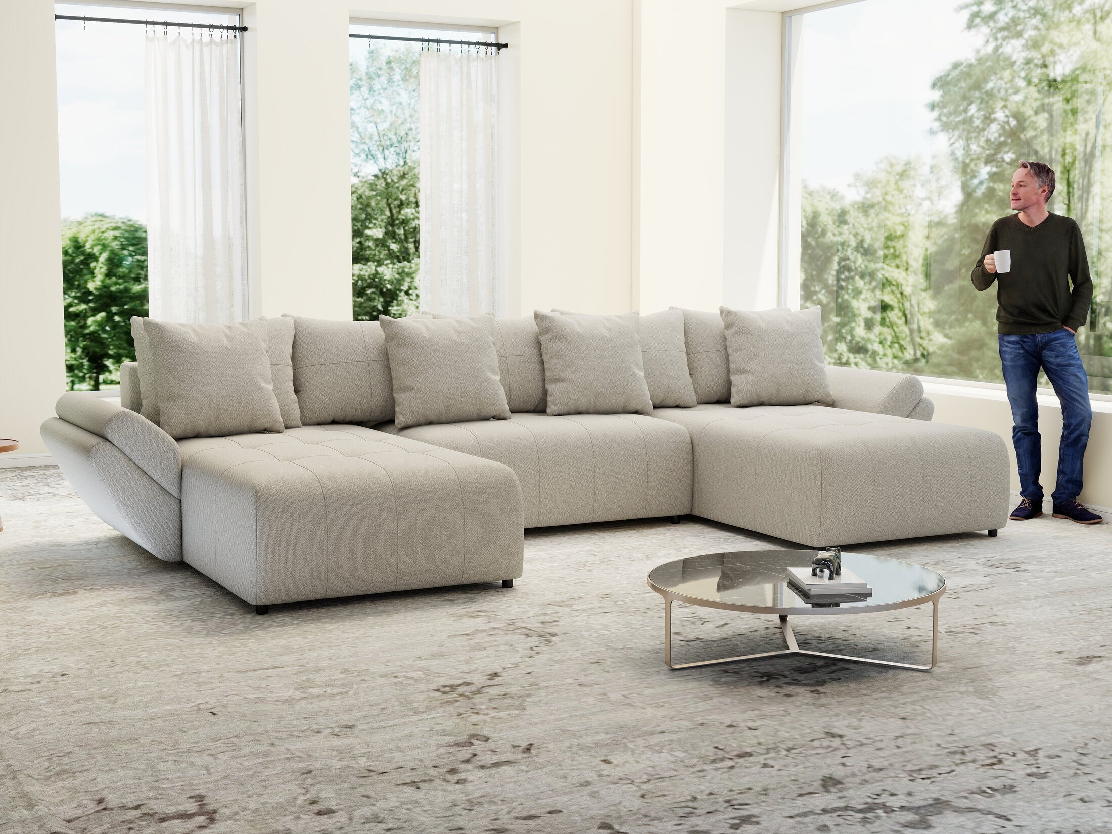 Colțar extensibil dumonde cu ladă de depozitare si sezut confortabil din spuma HR, Berlin U Enjoy Bej 380x180 cm