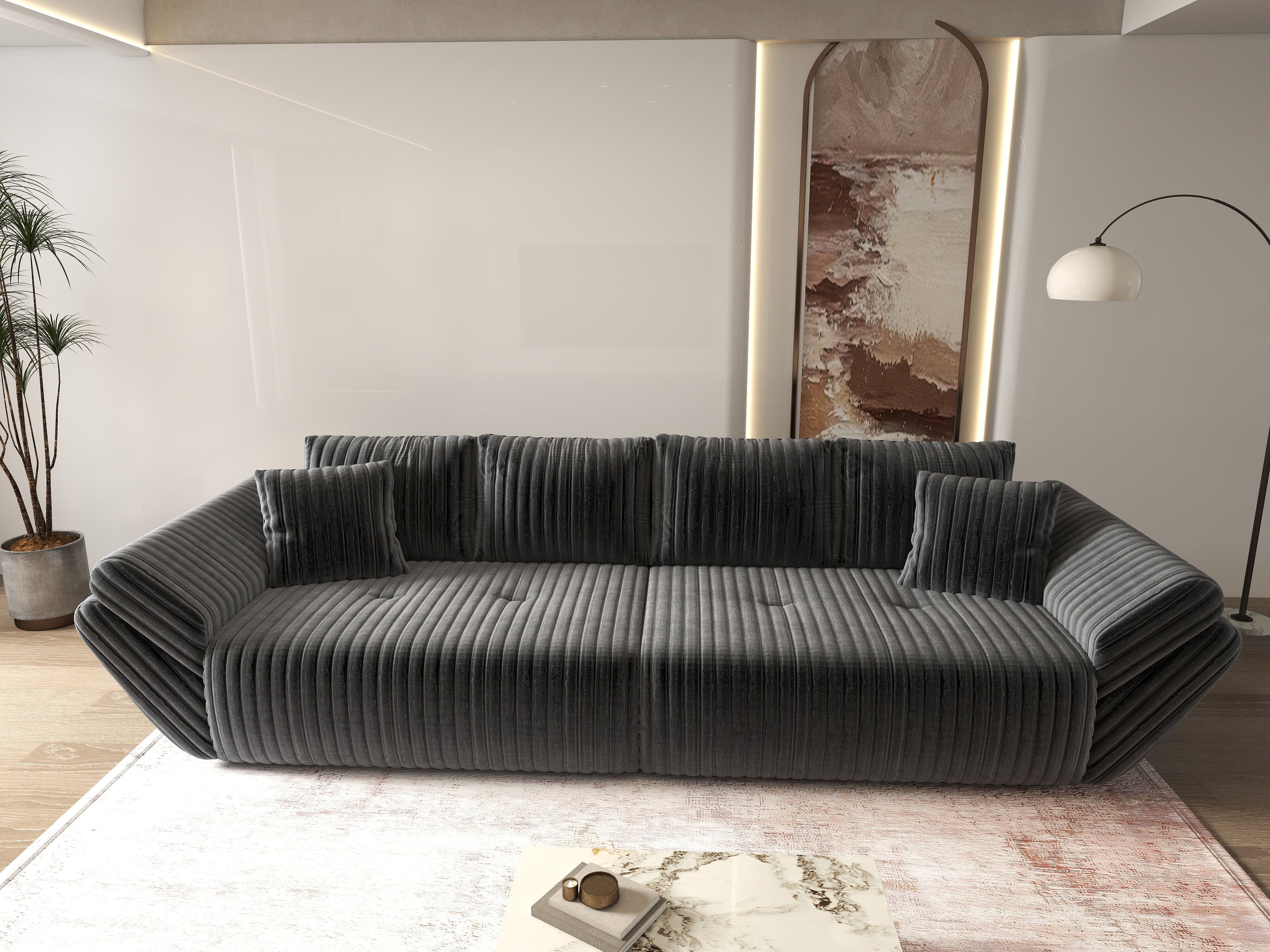 Canapea extensibilă dumonde cu ladă de depozitare si sezut confortabil din spuma HR, Berlin Ambience Grey 300x100 cm Fabrica