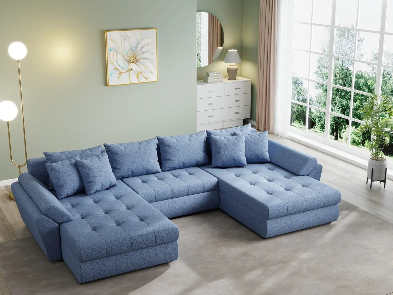 Colțar extensibil dumonde cu ladă de depozitare si sezut confortabil din spuma HR, Loana U Enjoy Blue 355x185 cm Fabrica