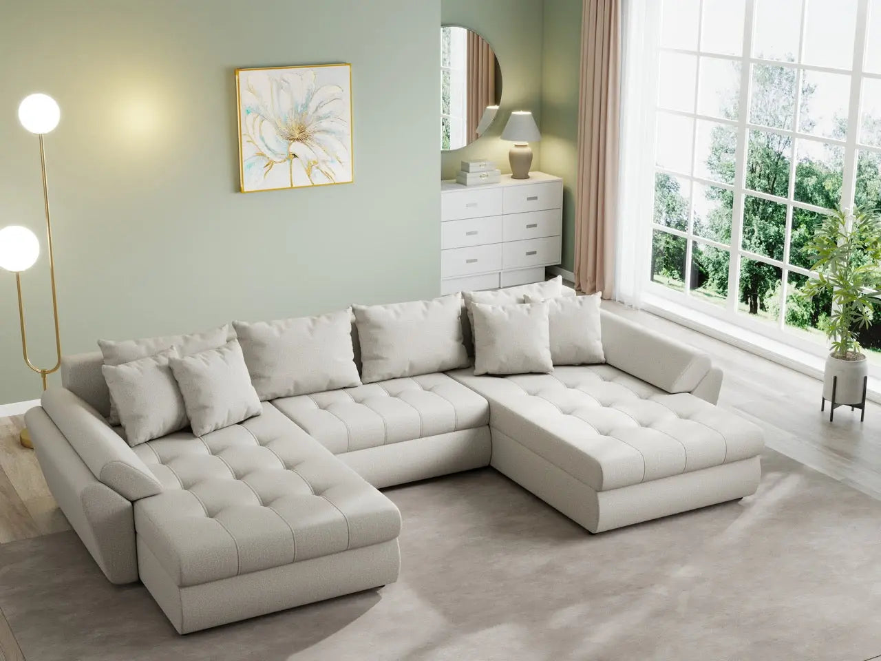 Colțar extensibil dumonde cu ladă de depozitare si sezut confortabil din spuma HR, Loana U Enjoy Bej 355x185 cm Fabrica