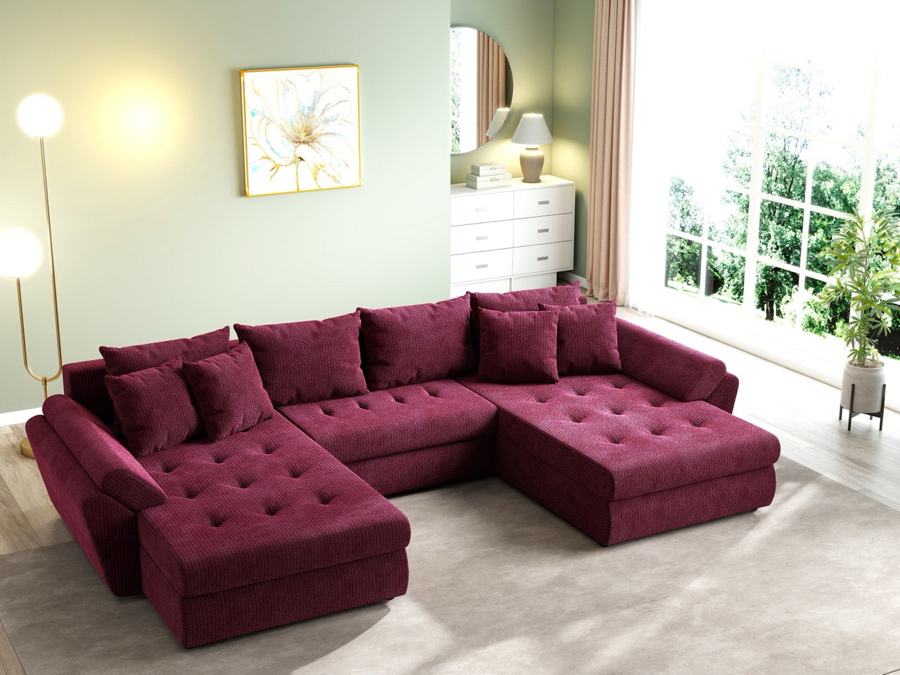 Colțar extensibil dumonde cu ladă de depozitare si sezut confortabil din spuma HR, Loana U Zoom Red 355x185 cm