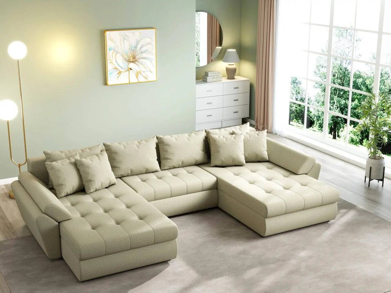 Colțar extensibil dumonde cu ladă de depozitare si sezut confortabil din spuma HR, Loana U Enjoy Camel 355x185 cm Fabrica