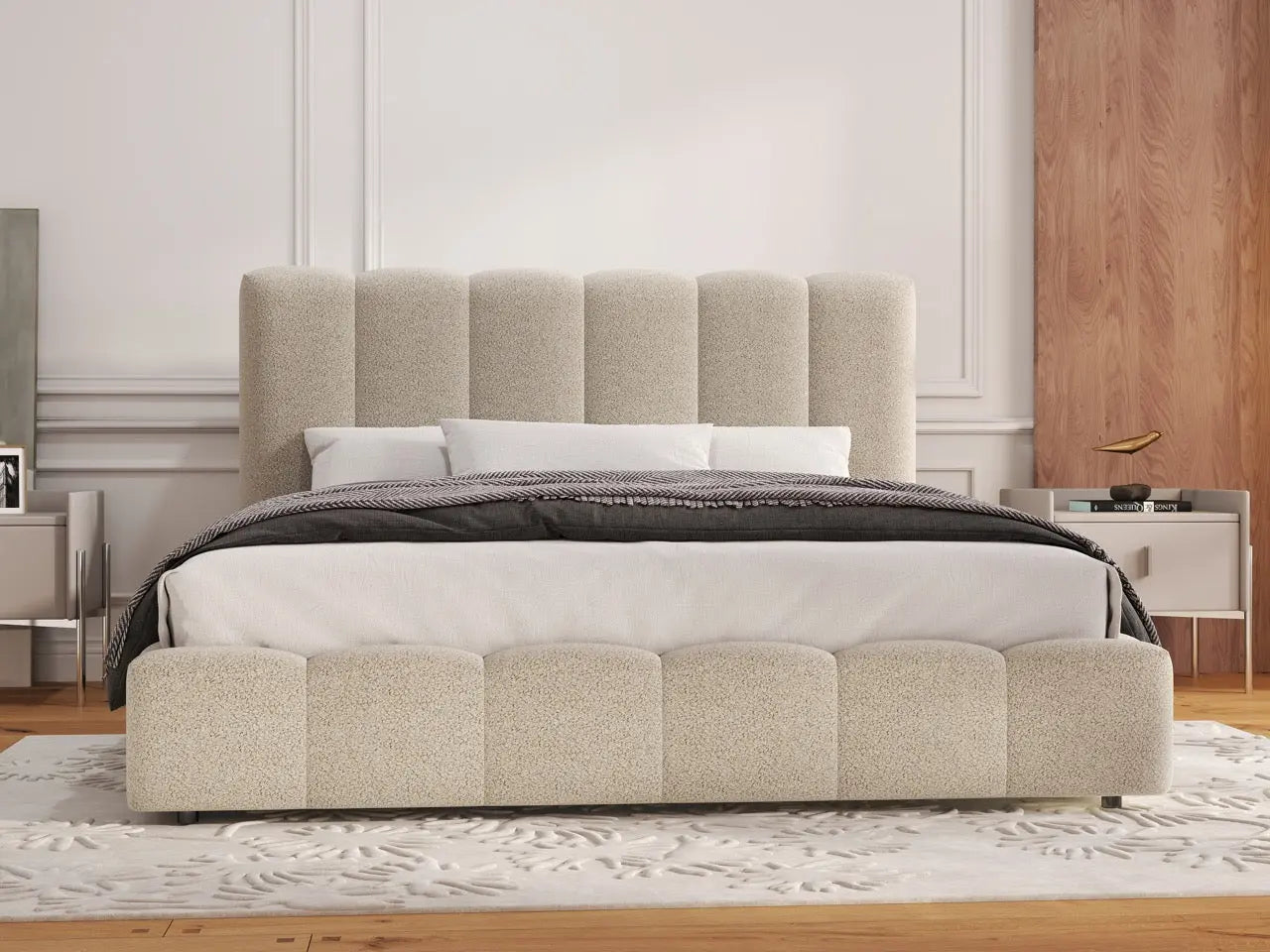 Pat dormitor dumonde, tapitat bej, Milano 180x200 cm, somiera rabatabila inclusa, spatiu depozitare WLS