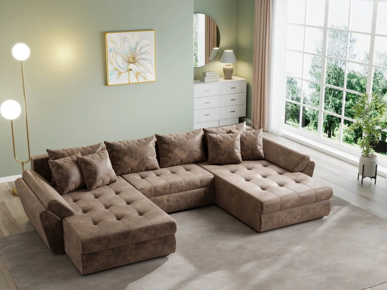 Colțar extensibil dumonde cu ladă de depozitare si sezut confortabil din spuma HR, Loana U Brown 355x185 cm Fabrica