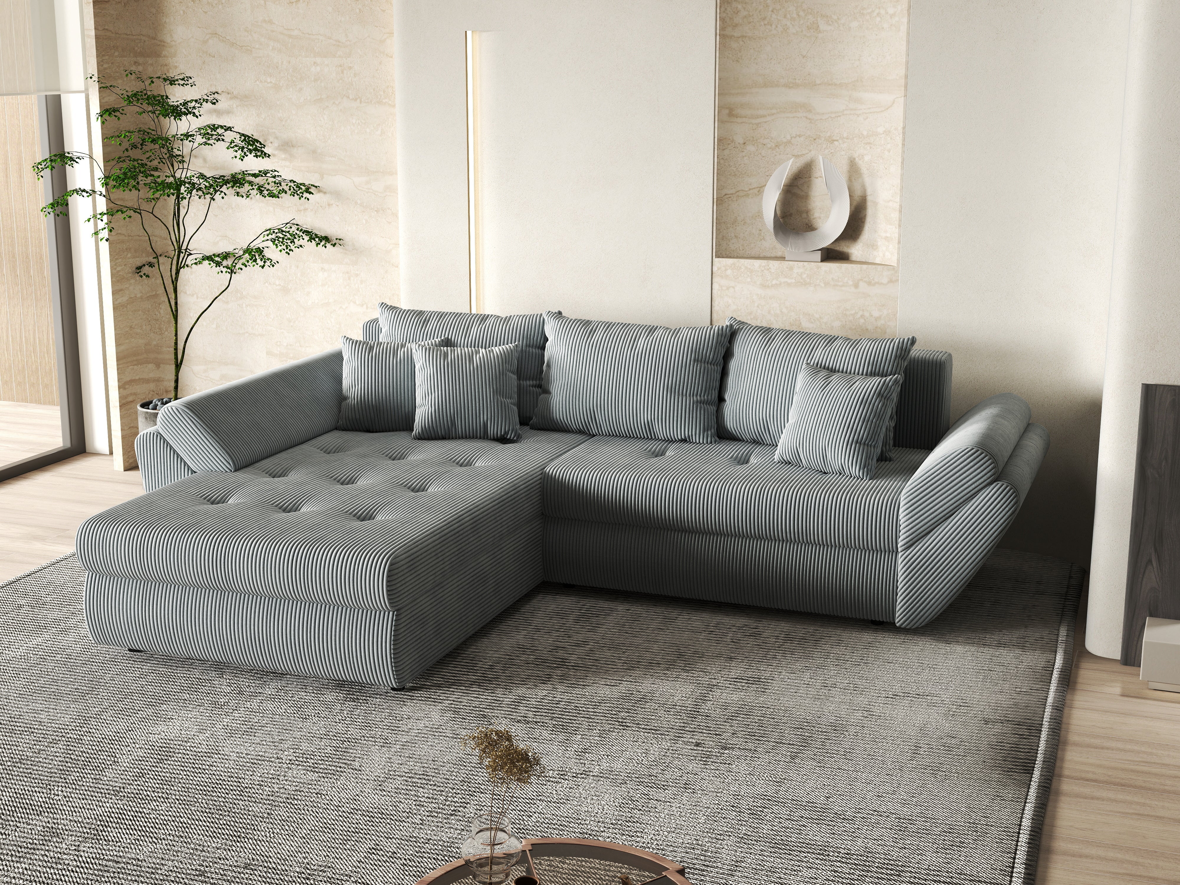 Colțar extensibil dumonde cu ladă de depozitare si sezut confortabil din spuma HR, Loana Zoom Grey 270x185 cm Fabrica