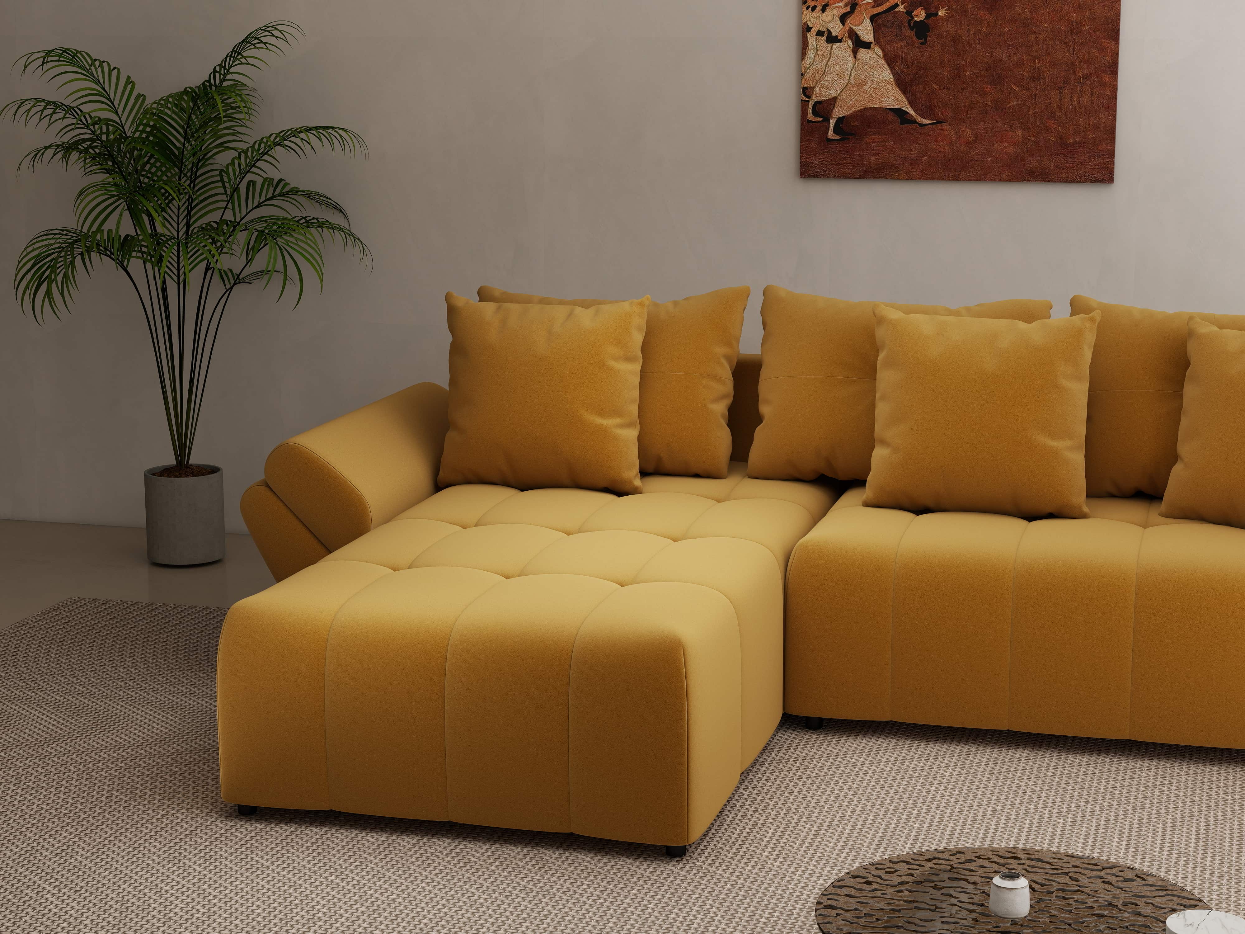 Colțar extensibil dumonde cu ladă de depozitare si sezut confortabil din spuma HR, Berlin Royal Mustar 280x185 cm Fabrica