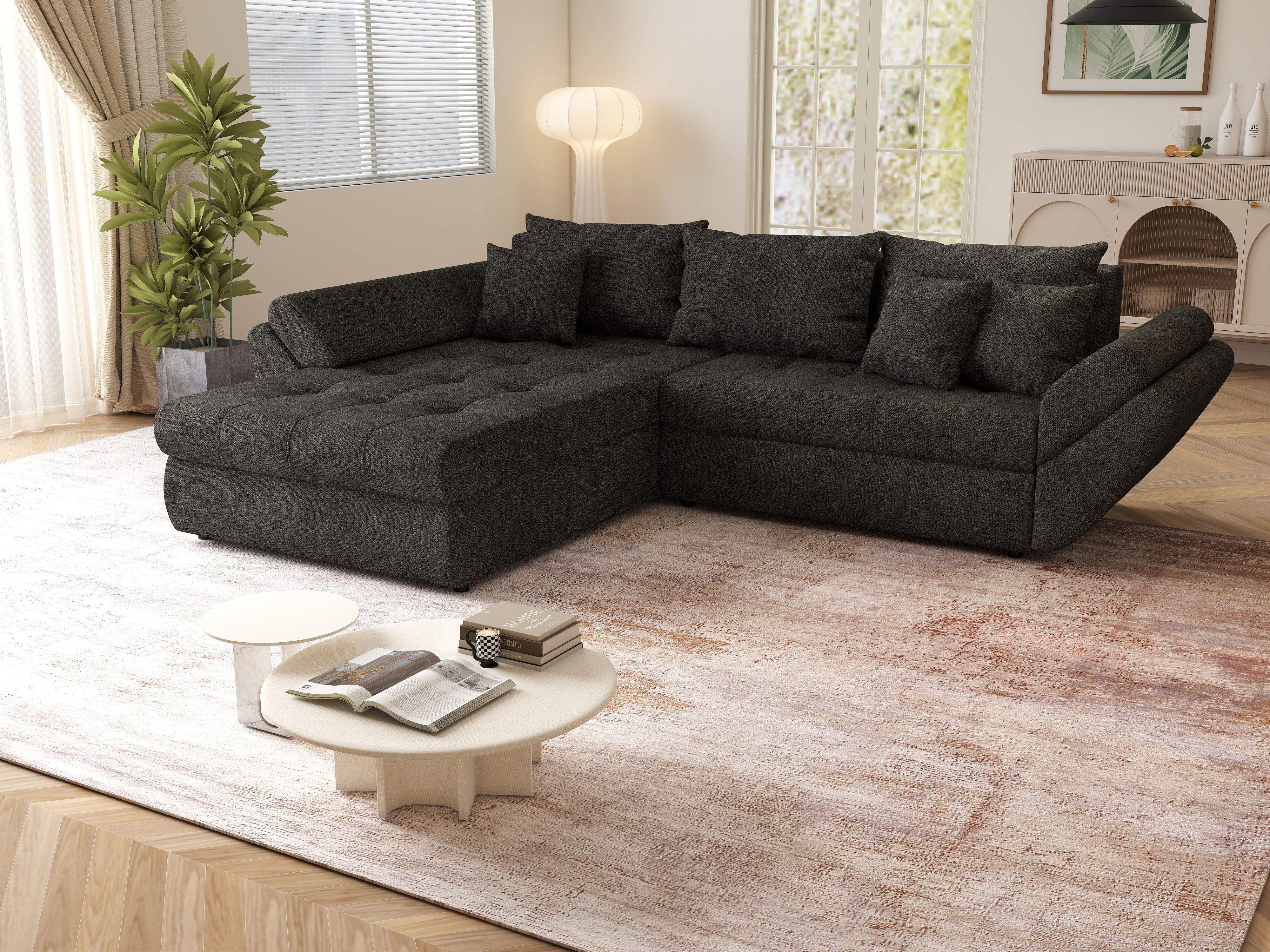 Colțar extensibil dumonde cu ladă de depozitare si sezut confortabil din spuma HR, Loana Enjoy Black II 270x185 cm Fabrica