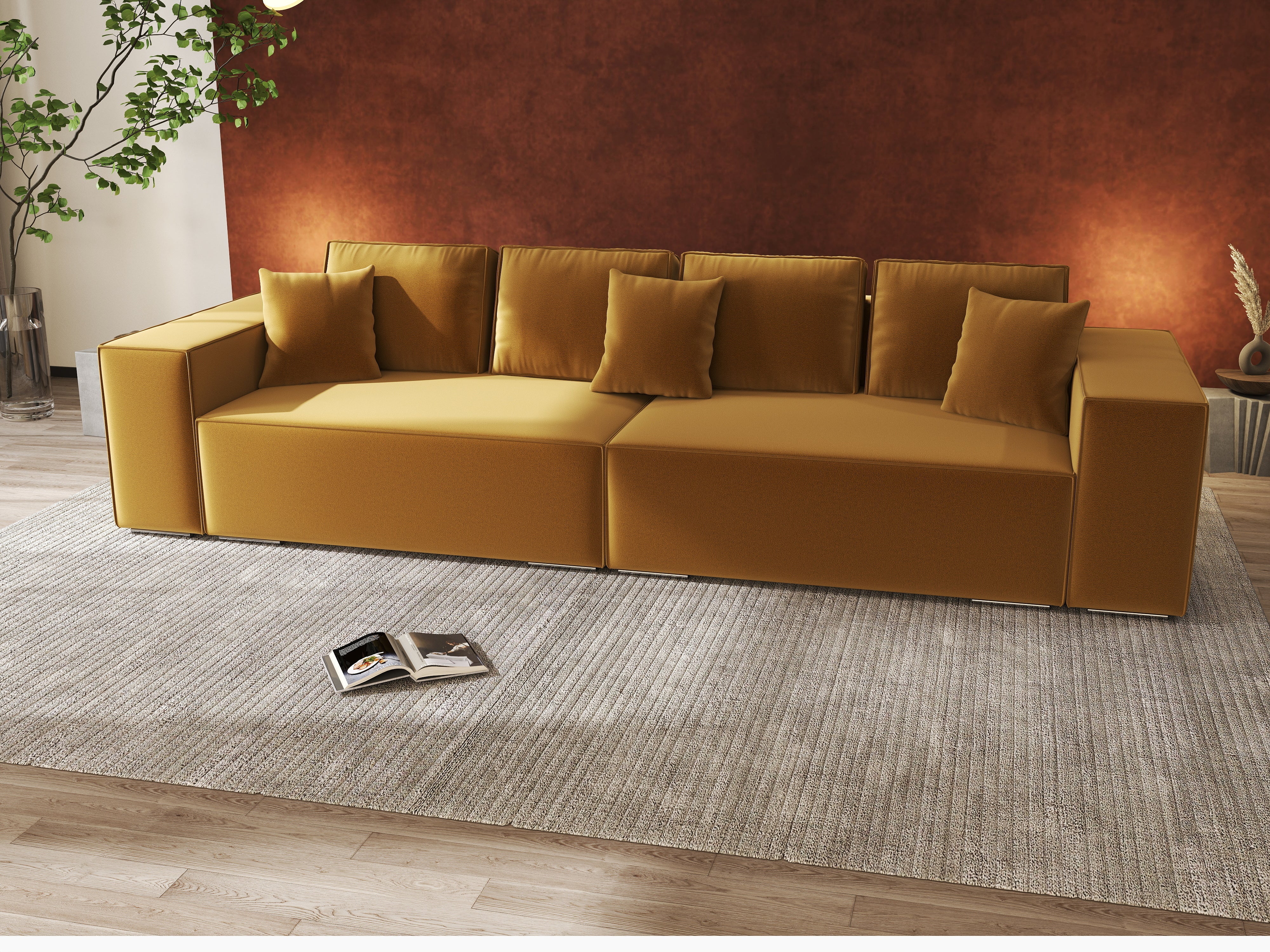 Canapea extensibilă dumonde cu ladă de depozitare si sezut confortabil din spuma HR, Dream Royal Mustar 310x100 cm Fabrica