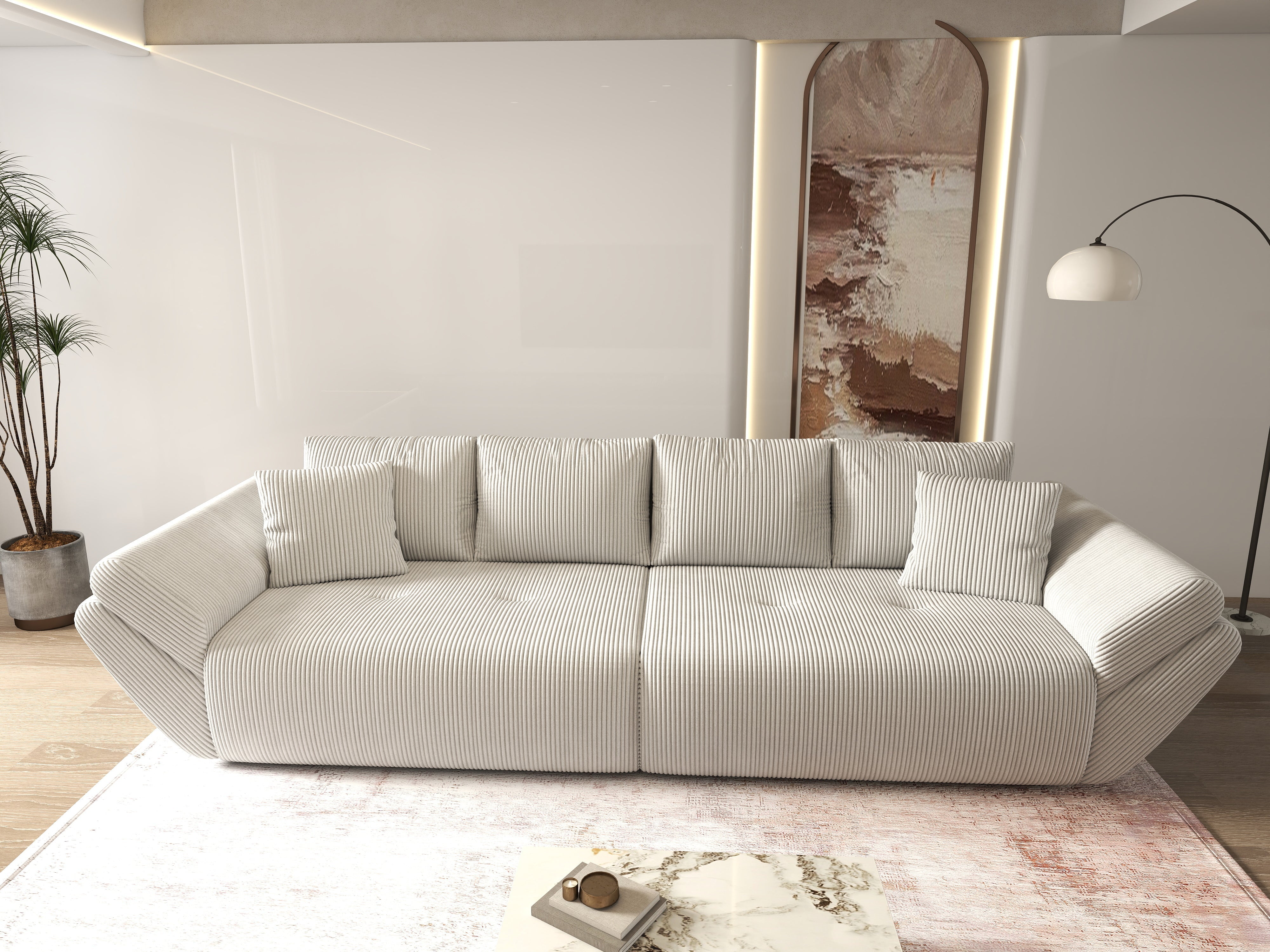 Canapea extensibilă dumonde cu ladă de depozitare si sezut confortabil din spuma HR, Berlin Zoom Cream 300x100 cm Fabrica