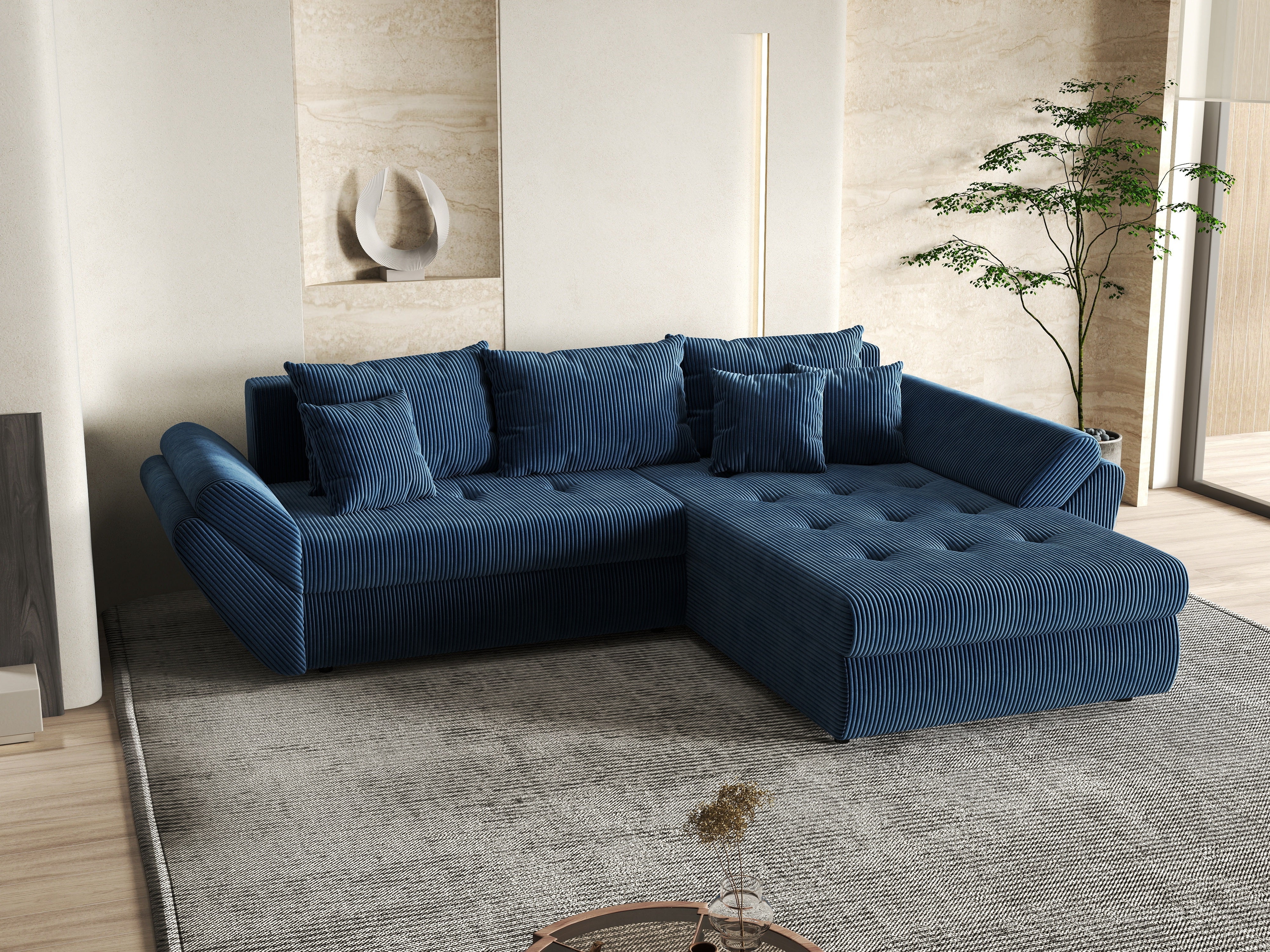 Colțar extensibil dumonde cu ladă de depozitare si sezut confortabil din spuma HR, Loana Zoom Blue II 270x185 cm Fabrica