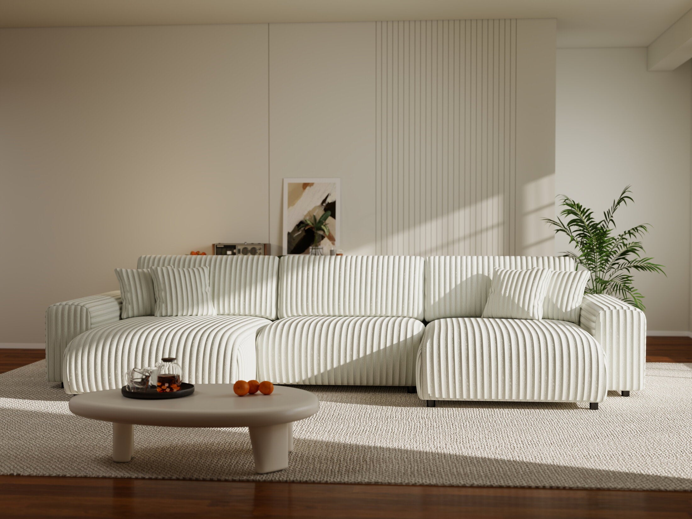 Colțar extensibil dumonde cu ladă de depozitare si sezut confortabil din spuma HR, Sarina U Ambience Alb 350x168 cm