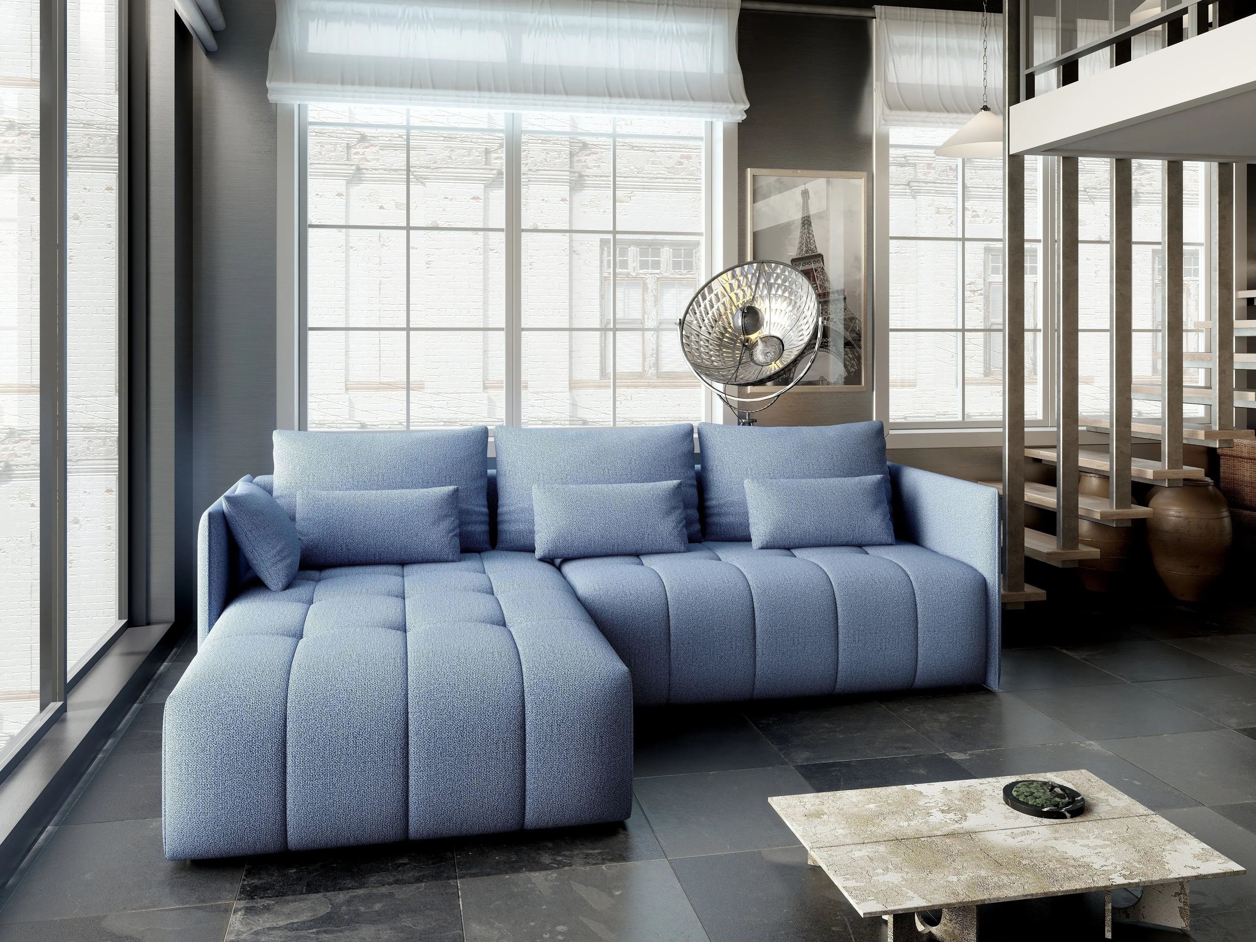 Colțar extensibil dumonde cu ladă de depozitare si sezut confortabil din spuma HR, Malta Enjoy Blue 235x185 cm Fabrica