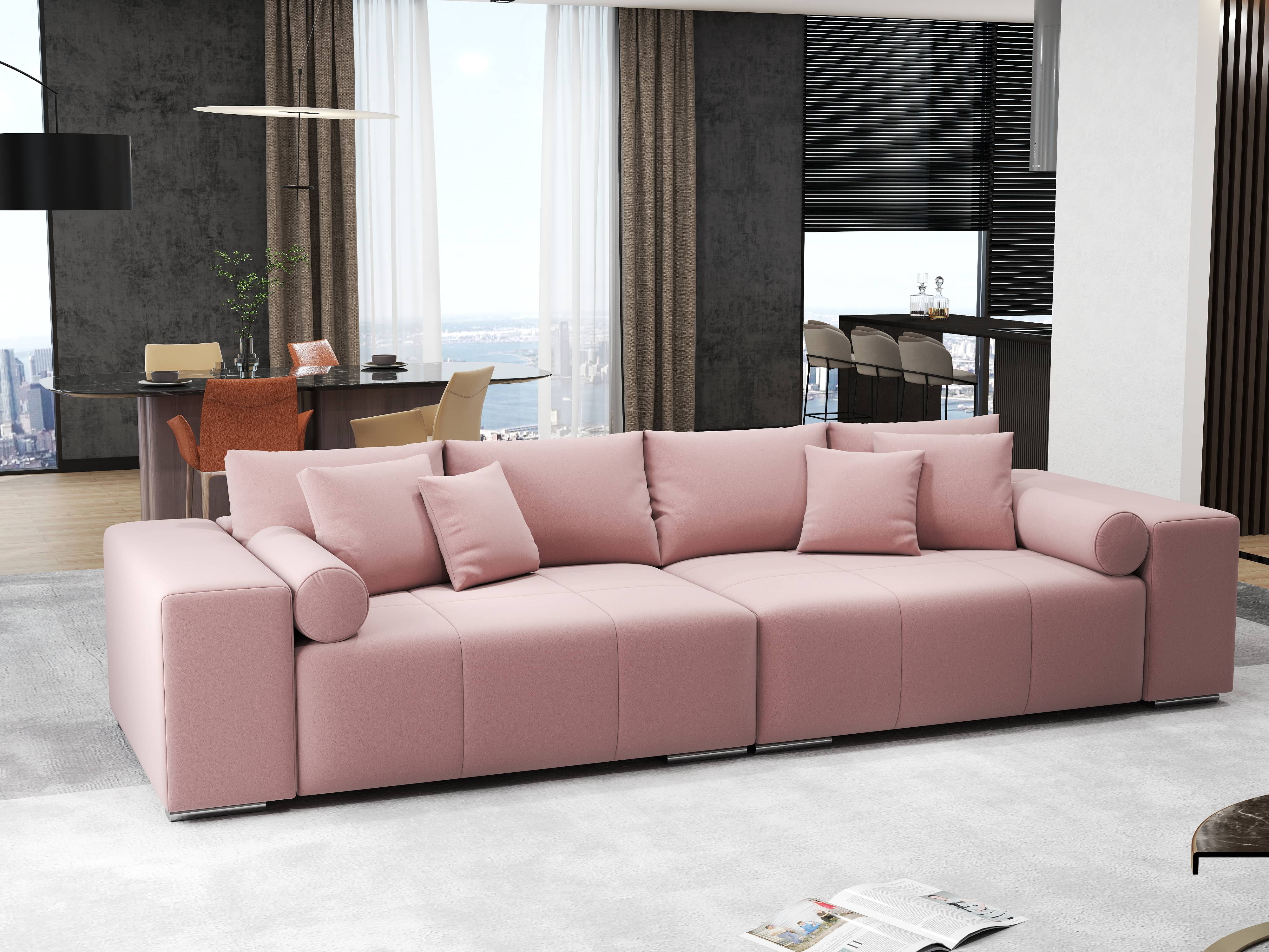 Canapea extensibilă dumonde cu ladă de depozitare si sezut confortabil din spuma HR, Marbela Royal Roz XXL 295x100 cm fabrica