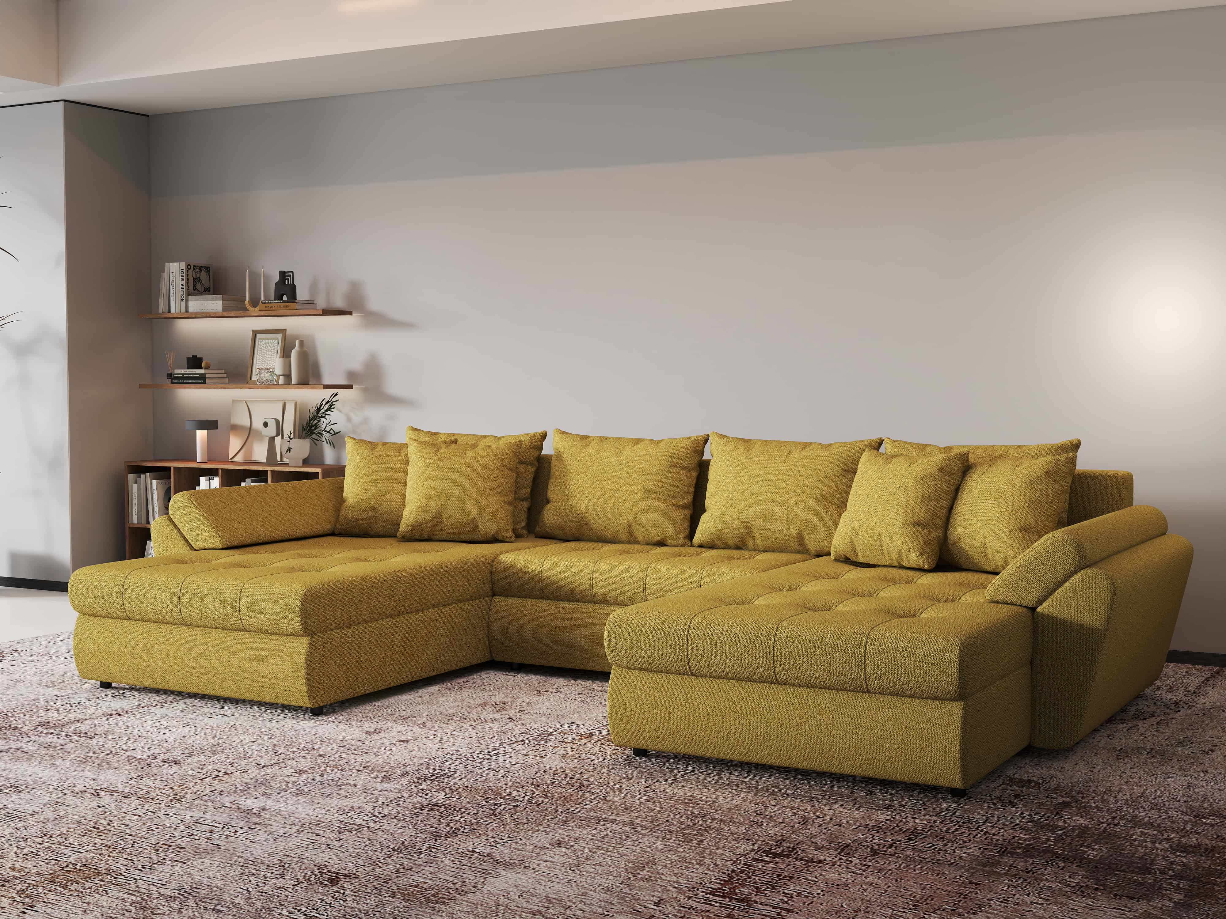 Colțar extensibil dumonde cu ladă de depozitare si sezut confortabil din spuma HR, Loana U Enjoy Melon 355x185 cm Fabrica