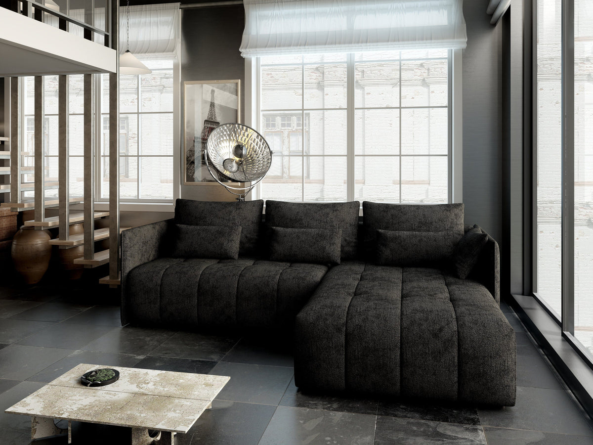 Colțar extensibil dumonde cu ladă de depozitare si sezut confortabil din spuma HR, Malta Enjoy Black II 235x185 cm Fabrica