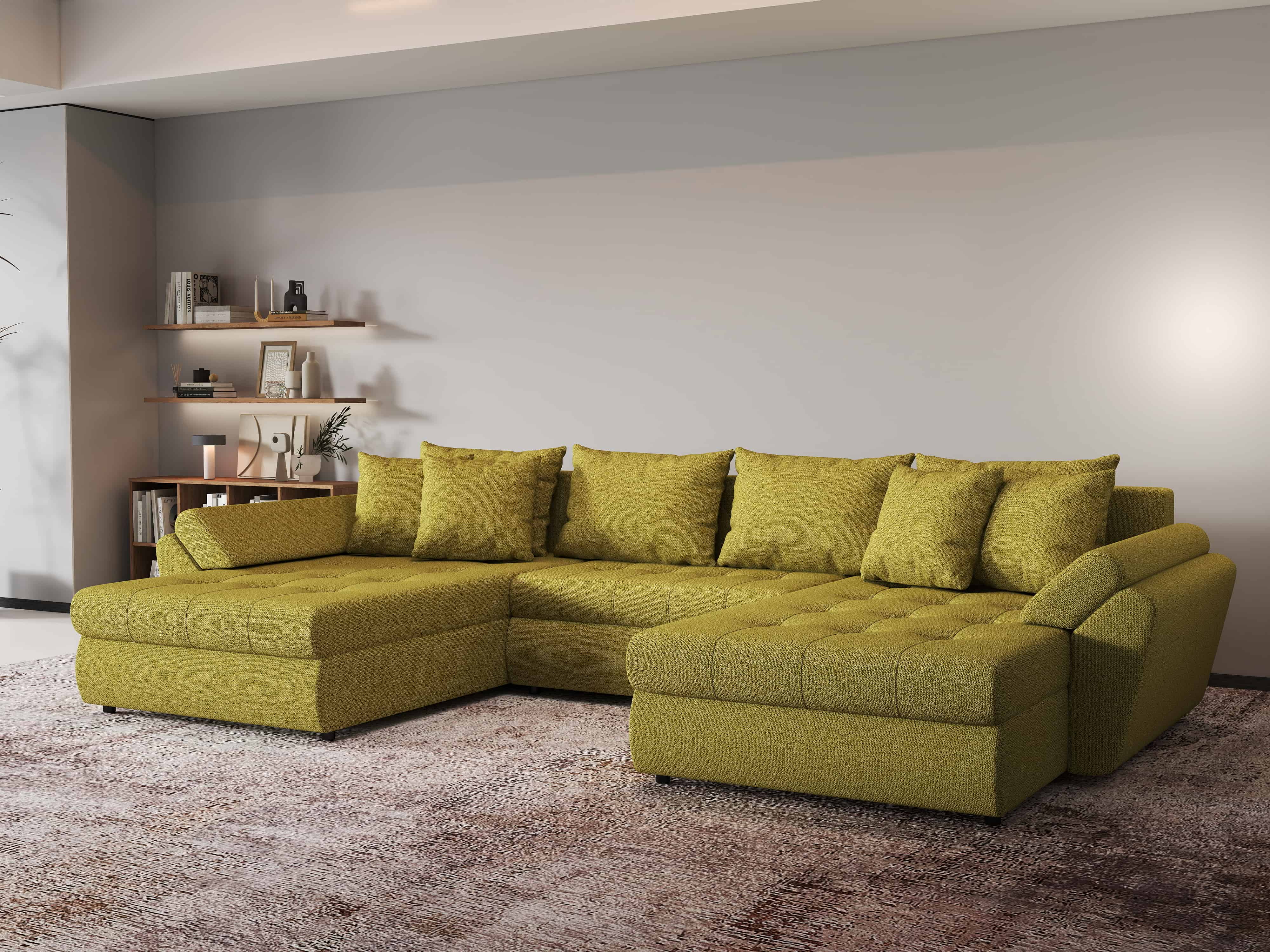 Colțar extensibil dumonde cu ladă de depozitare si sezut confortabil din spuma HR, Loana U Green Lux 355x185 cm Fabrica