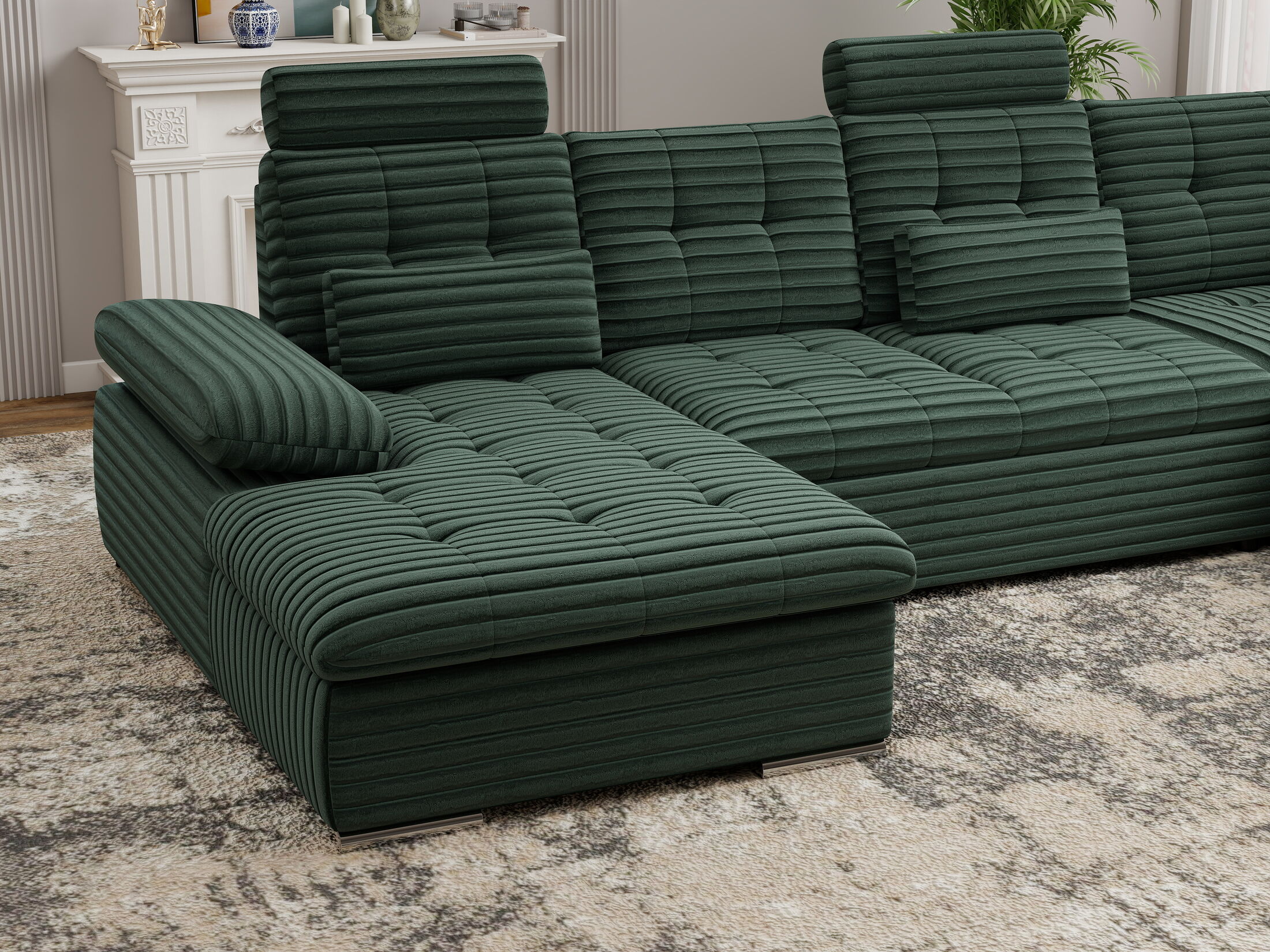 Colțar extensibil dumonde cu ladă de depozitare și șezut confortabil din spumă HR, Merkur U Ambience Verde 324x218 cm