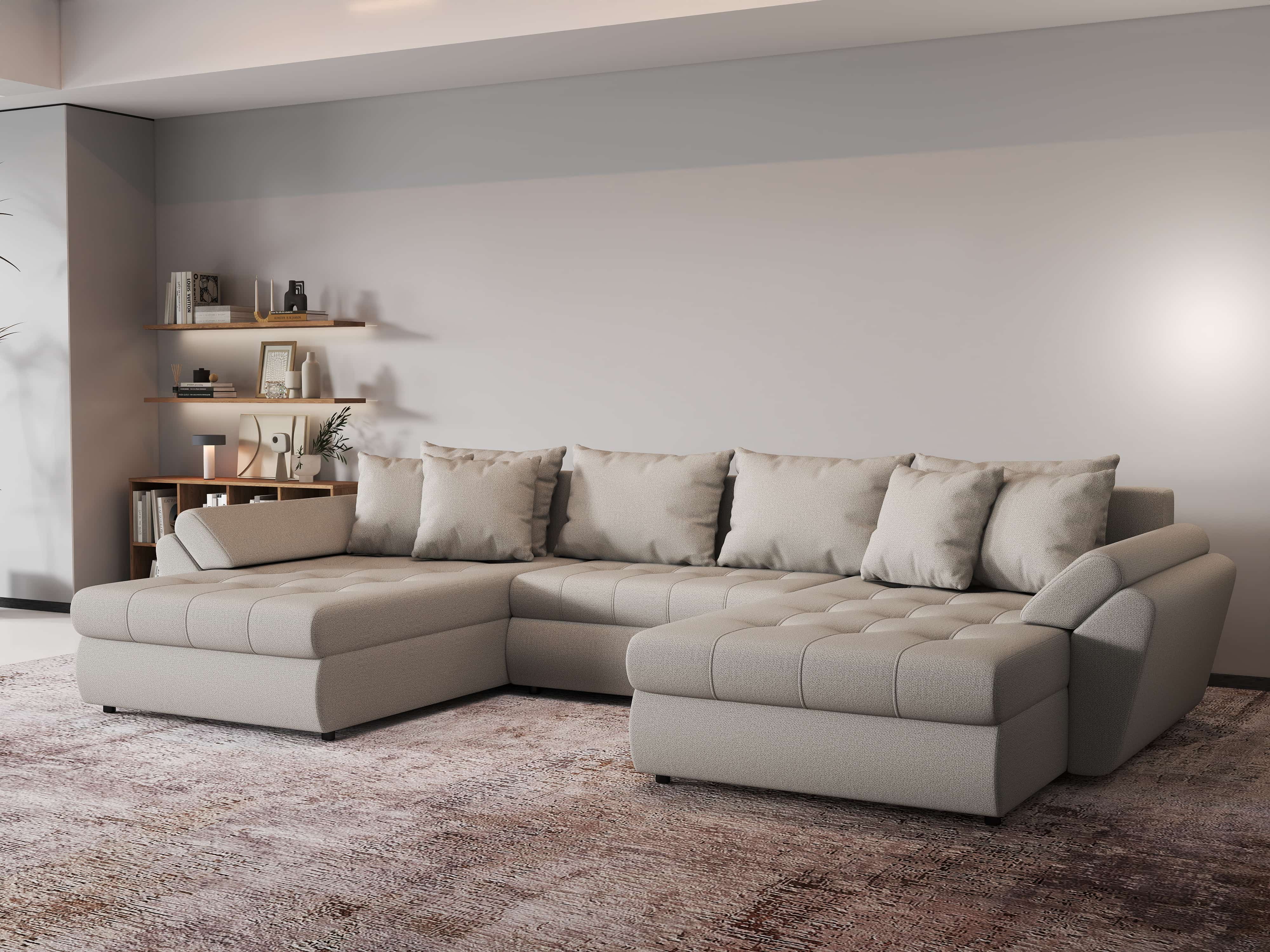 Colțar extensibil dumonde cu ladă de depozitare si sezut confortabil din spuma HR, Loana Bej U 355x185 cm Fabrica