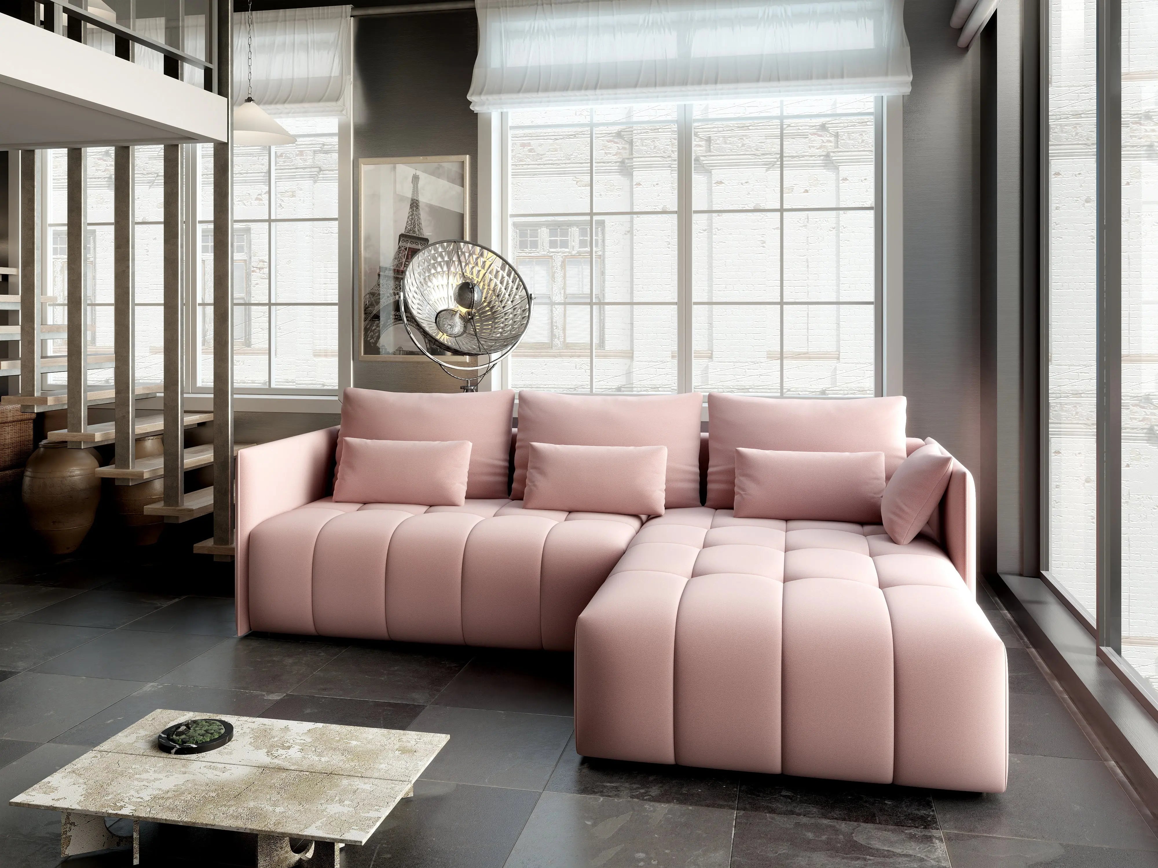 Colțar extensibil dumonde cu ladă de depozitare si sezut confortabil din spuma HR, Malta Roz Pudrat II 235x185 cm Fabrica