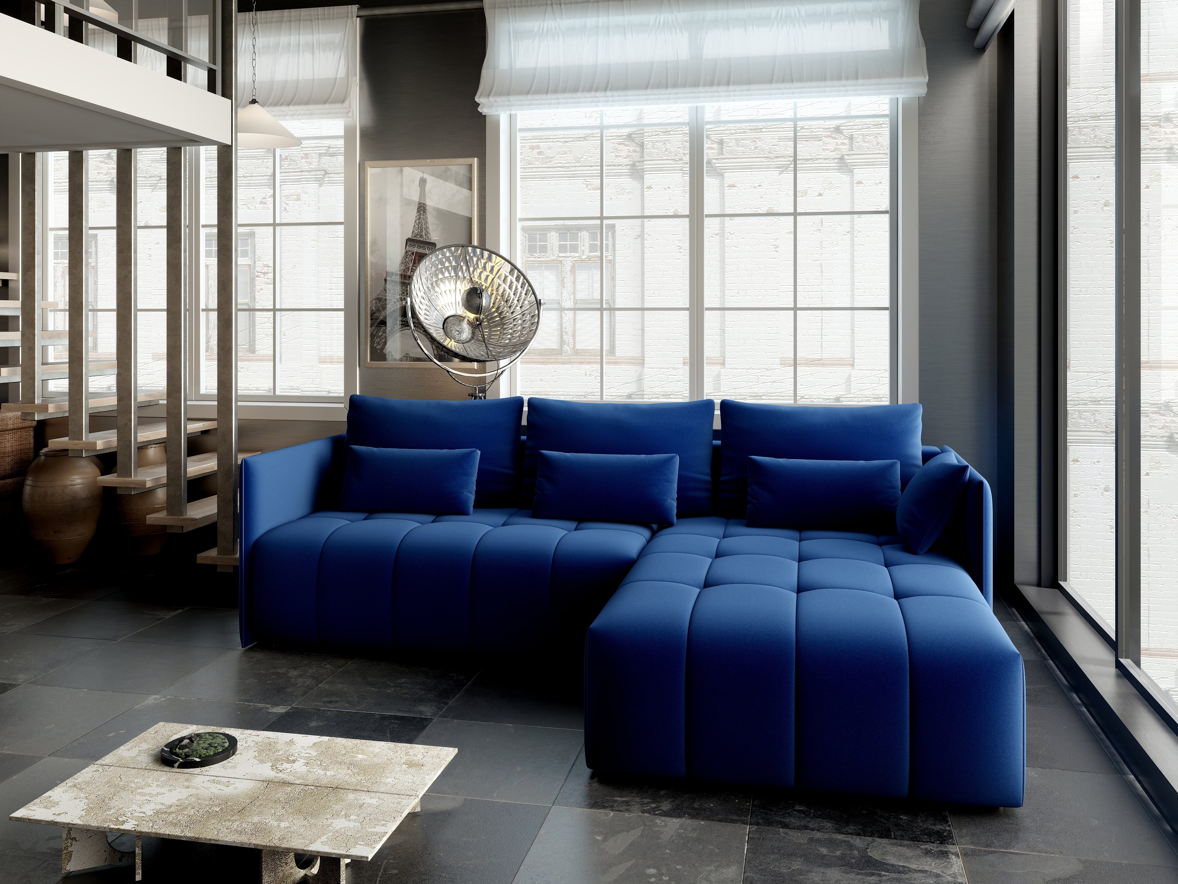 Colțar extensibil dumonde cu ladă de depozitare si sezut confortabil din spuma HR, Malta Royal Blue II 235x185 cm Fabrica