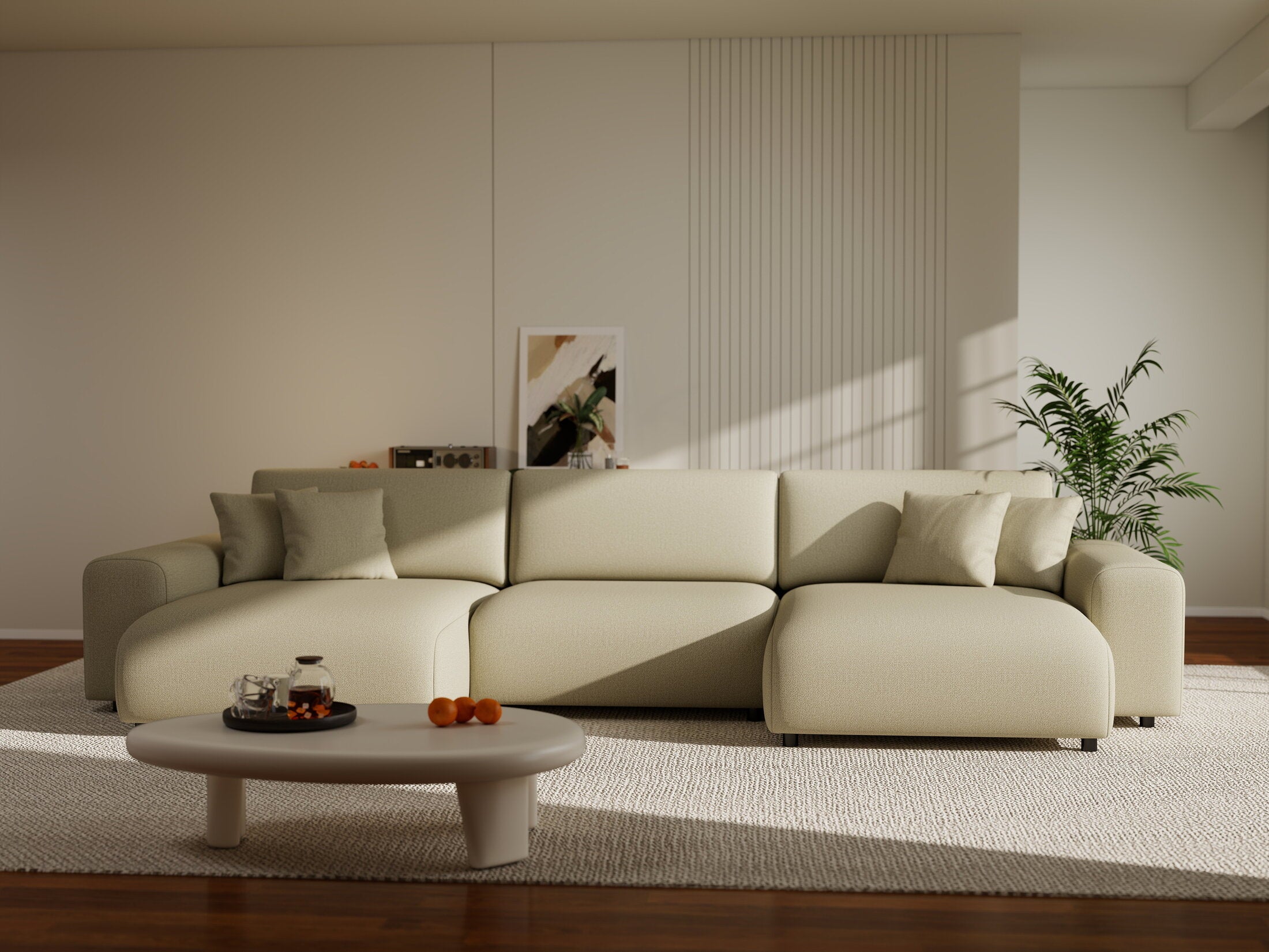 Colțar extensibil dumonde cu ladă de depozitare si sezut confortabil din spuma HR, Sarina U Enjoy Bej 350x168 cm