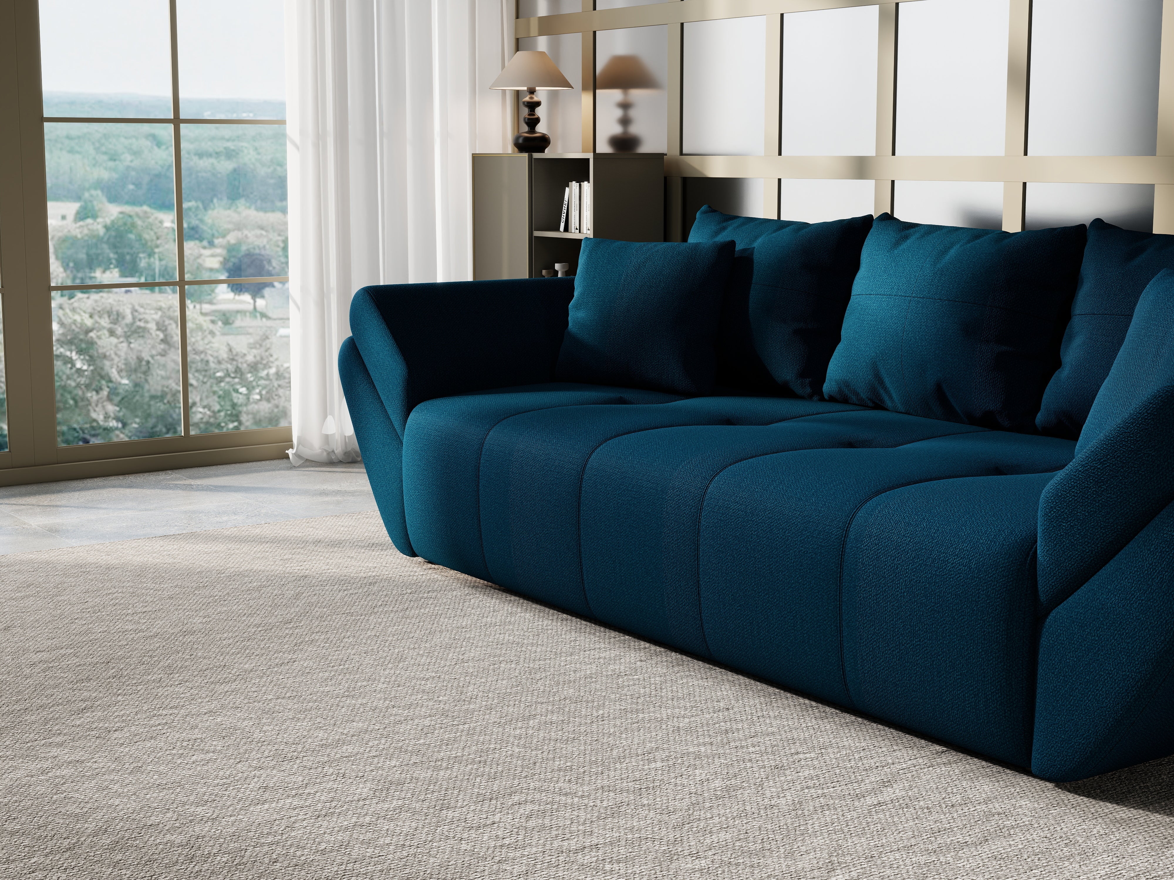 Canapea extensibilă dumonde cu ladă de depozitare si sezut confortabil din spuma HR, Berlin Enjoy Petrol 250x100 cm Fabrica