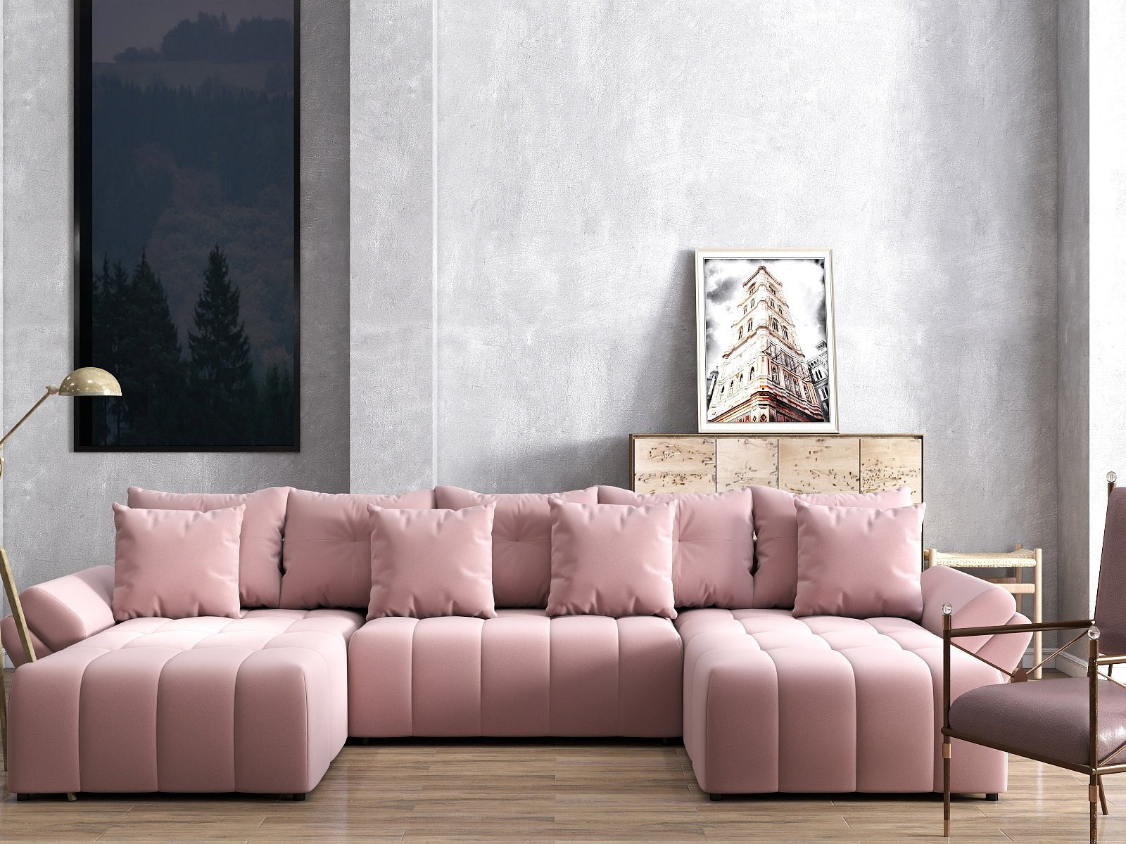 Colțar extensibil dumonde cu ladă de depozitare si sezut confortabil din spuma HR, Berlin U Royal Roz 380x180 cm Fabrica