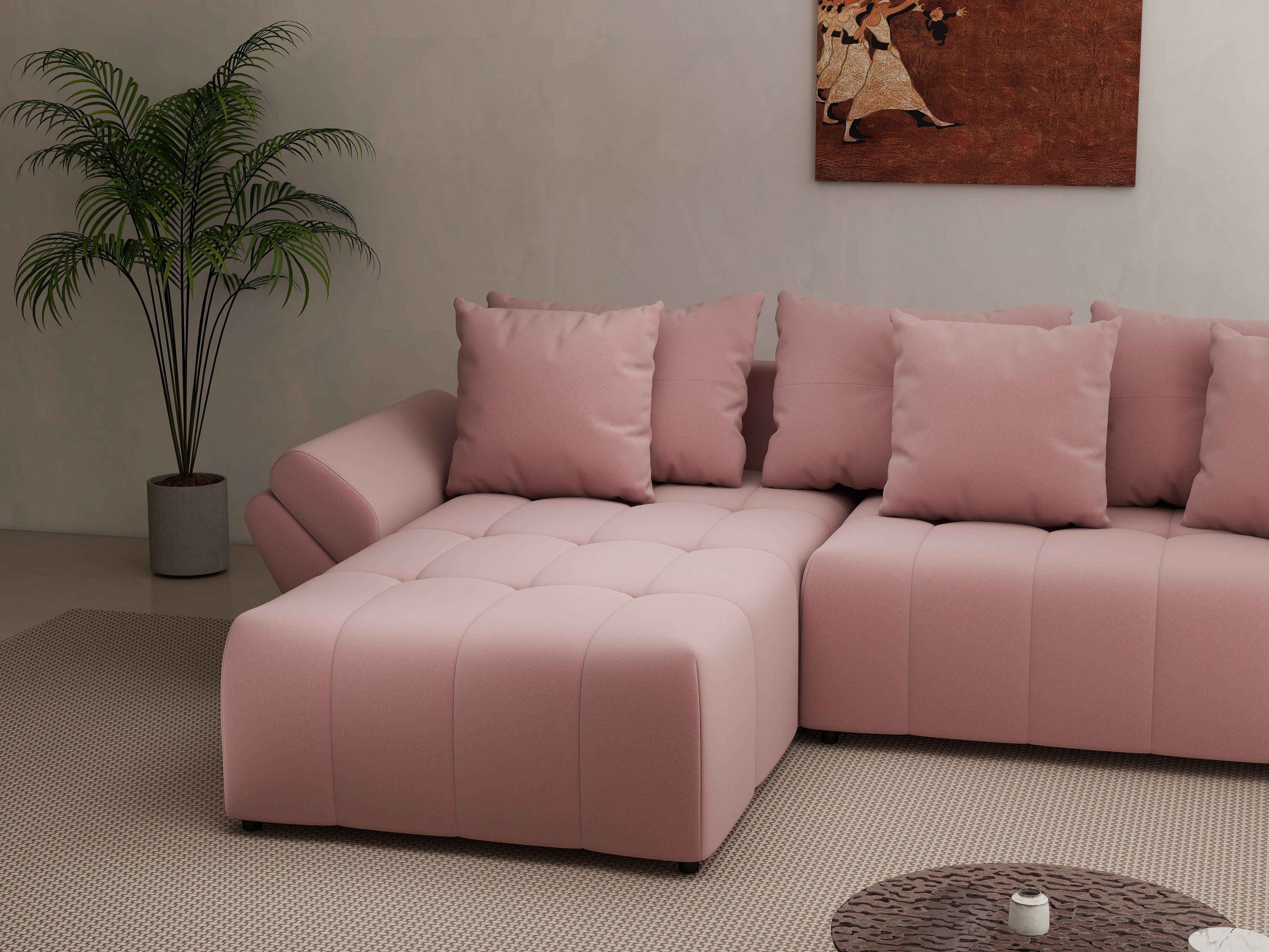 Colțar extensibil dumonde cu ladă de depozitare si sezut confortabil din spuma HR, Berlin Royal Roz 280x185 cm Fabrica