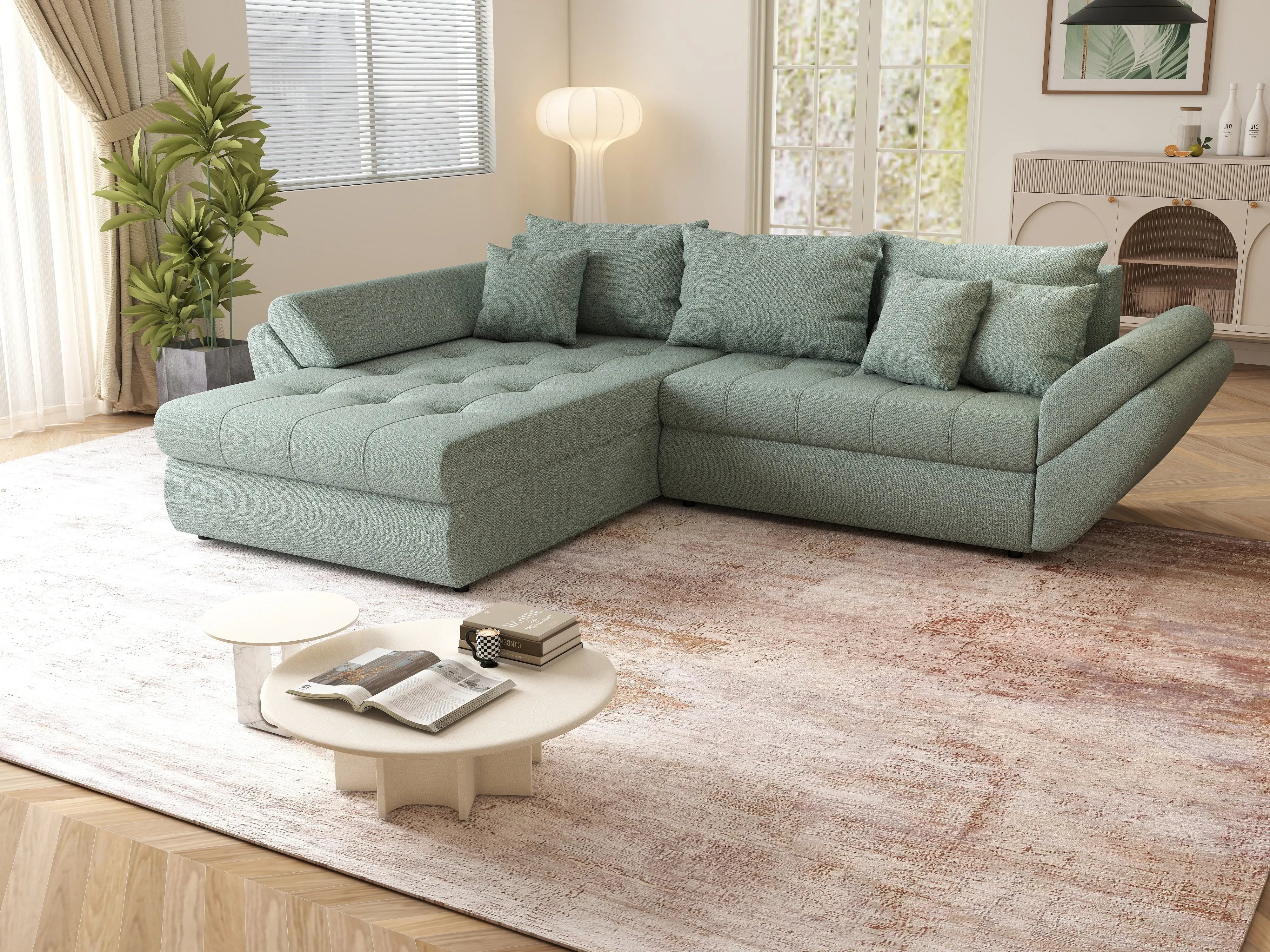 Colțar extensibil dumonde cu ladă de depozitare si sezut confortabil din spuma HR, Loana Mint 270x185 cm Fabrica