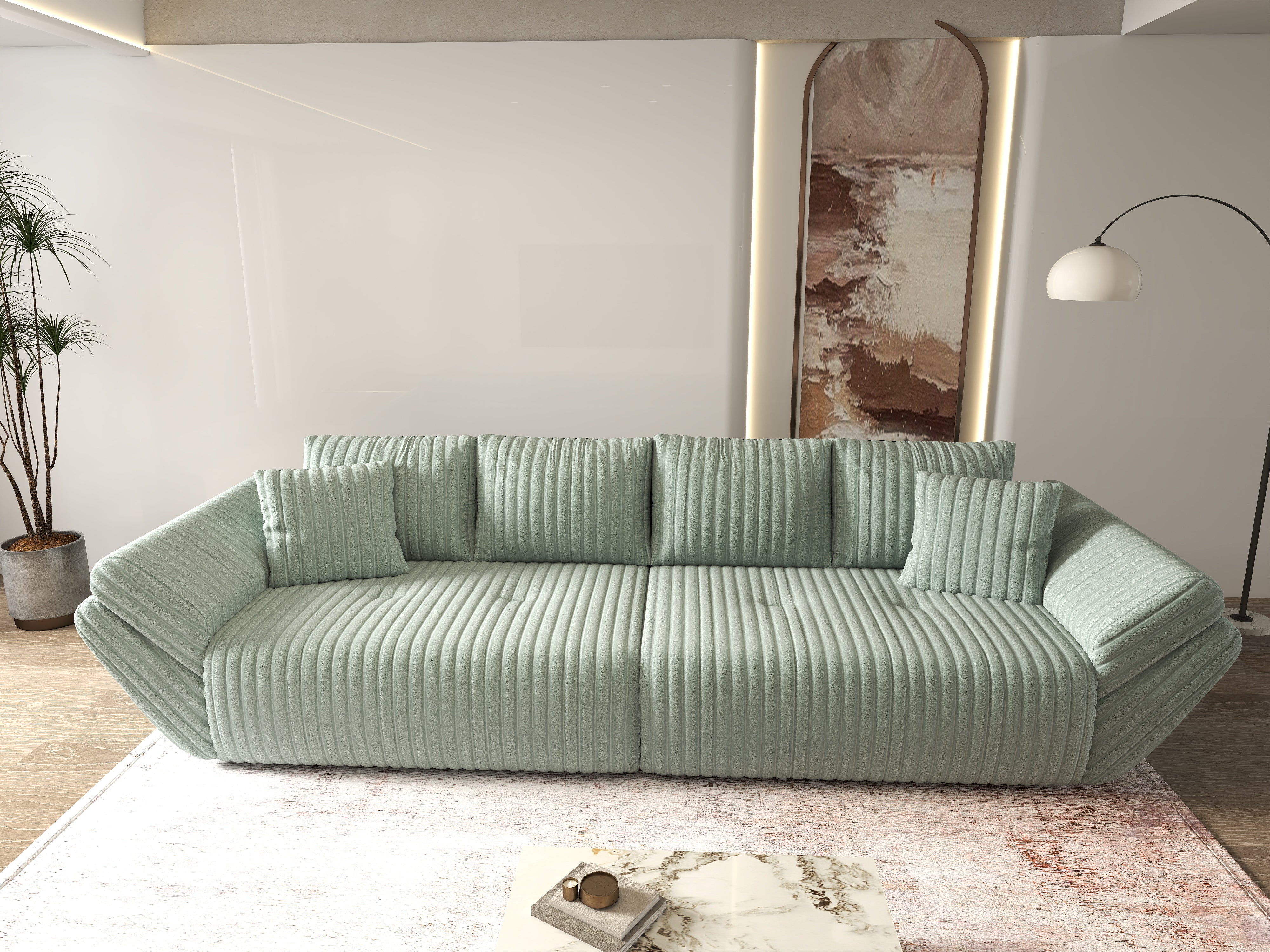 Canapea extensibilă dumonde cu ladă de depozitare si sezut confortabil din spuma HR, Berlin Ambience Mint 300x100 cm Fabrica