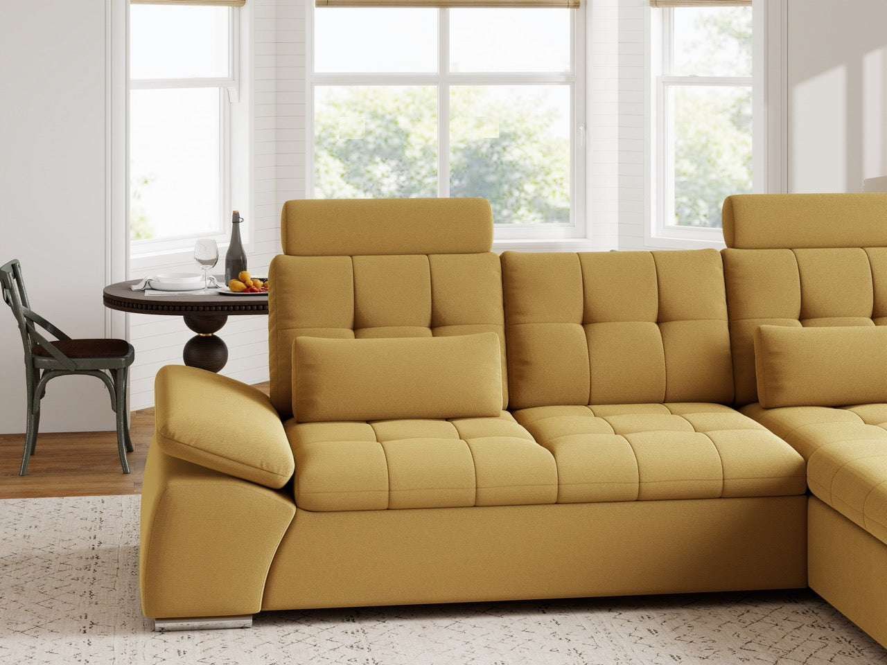 Colțar extensibil dumonde cu ladă de depozitare și șezut confortabil din spumă HR, Merkur Royal Mustar 270x168 cm II