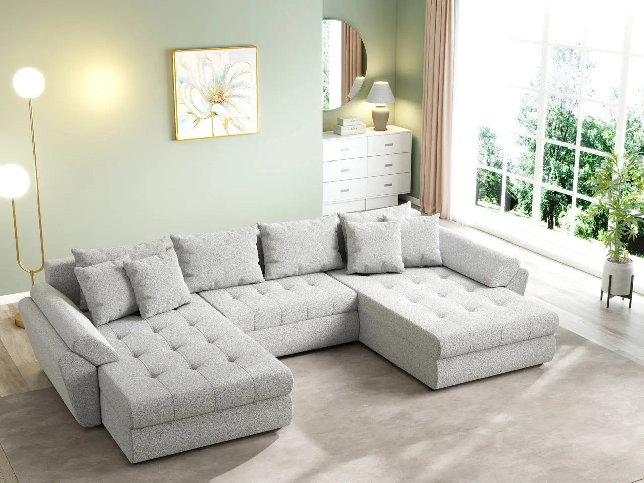 Colțar extensibil dumonde cu ladă de depozitare si sezut confortabil din spuma HR, Loana U Euphoria Dove 355x185 cm Fabrica