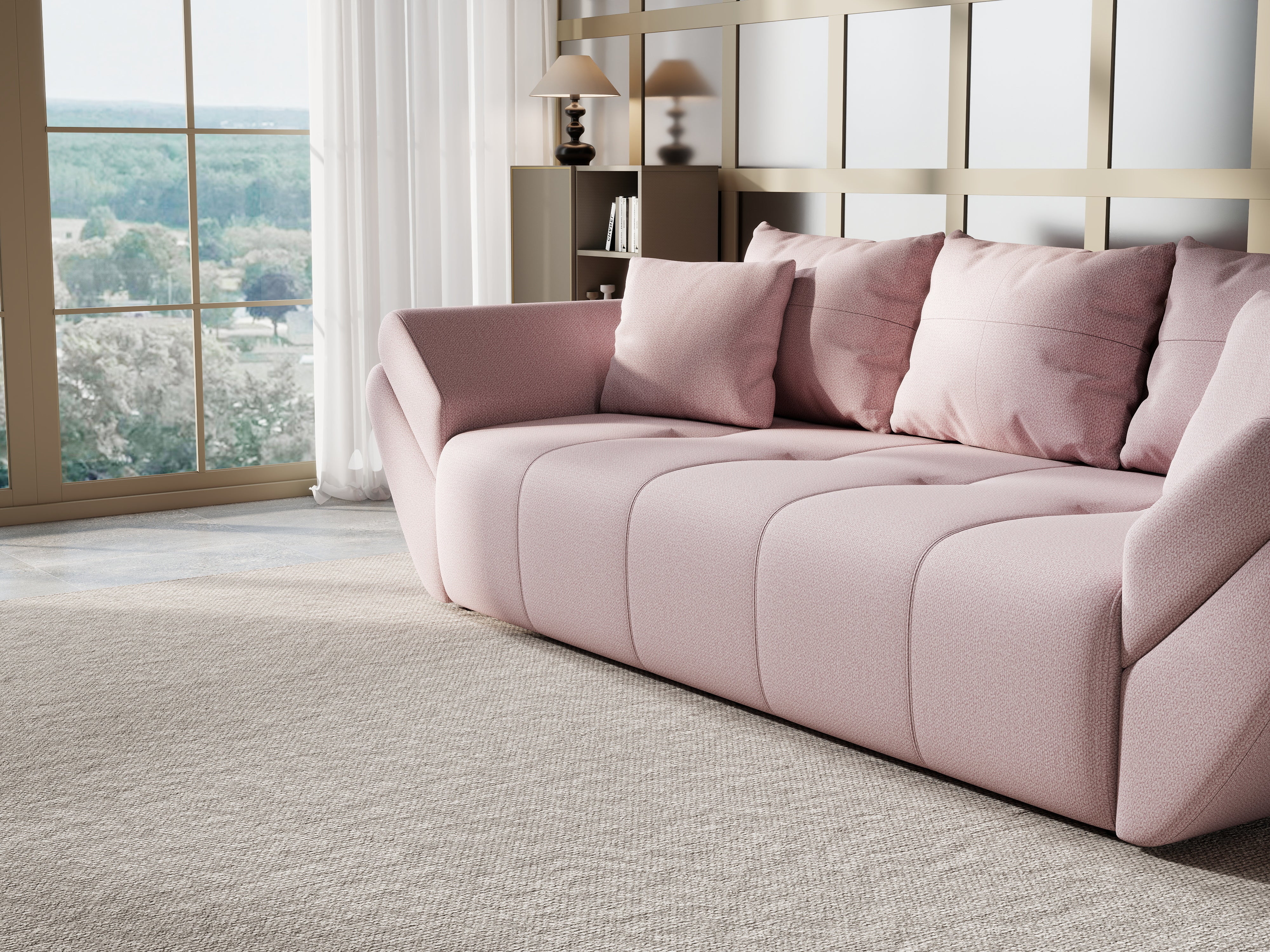 Canapea extensibilă dumonde cu ladă de depozitare si sezut confortabil din spuma HR, Berlin Enjoy Flamingo 250x100 cm Fabrica