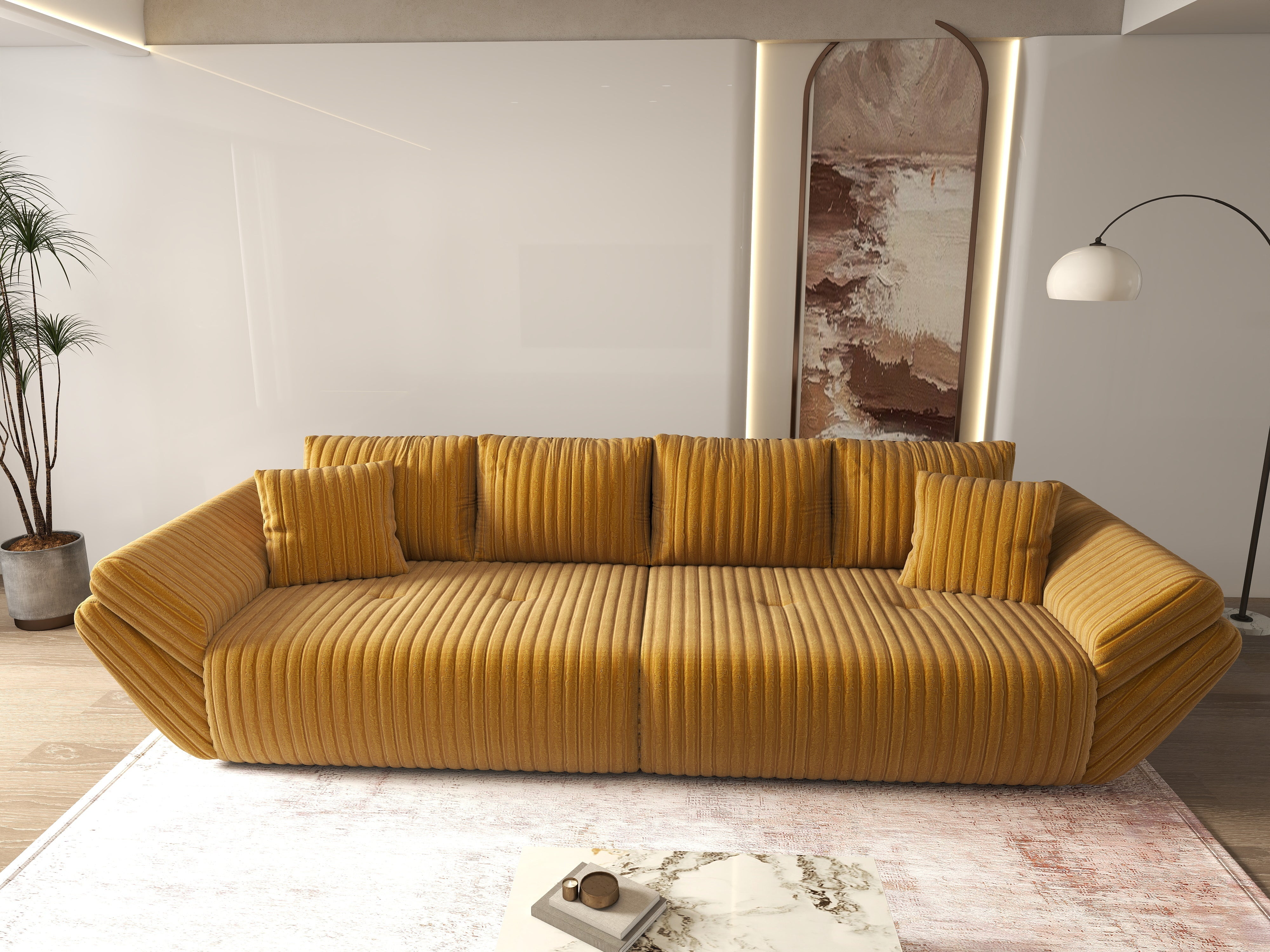 Canapea extensibilă dumonde cu ladă de depozitare si sezut confortabil din spuma HR, Berlin Ambience Mustar 300x100 cm Fabrica