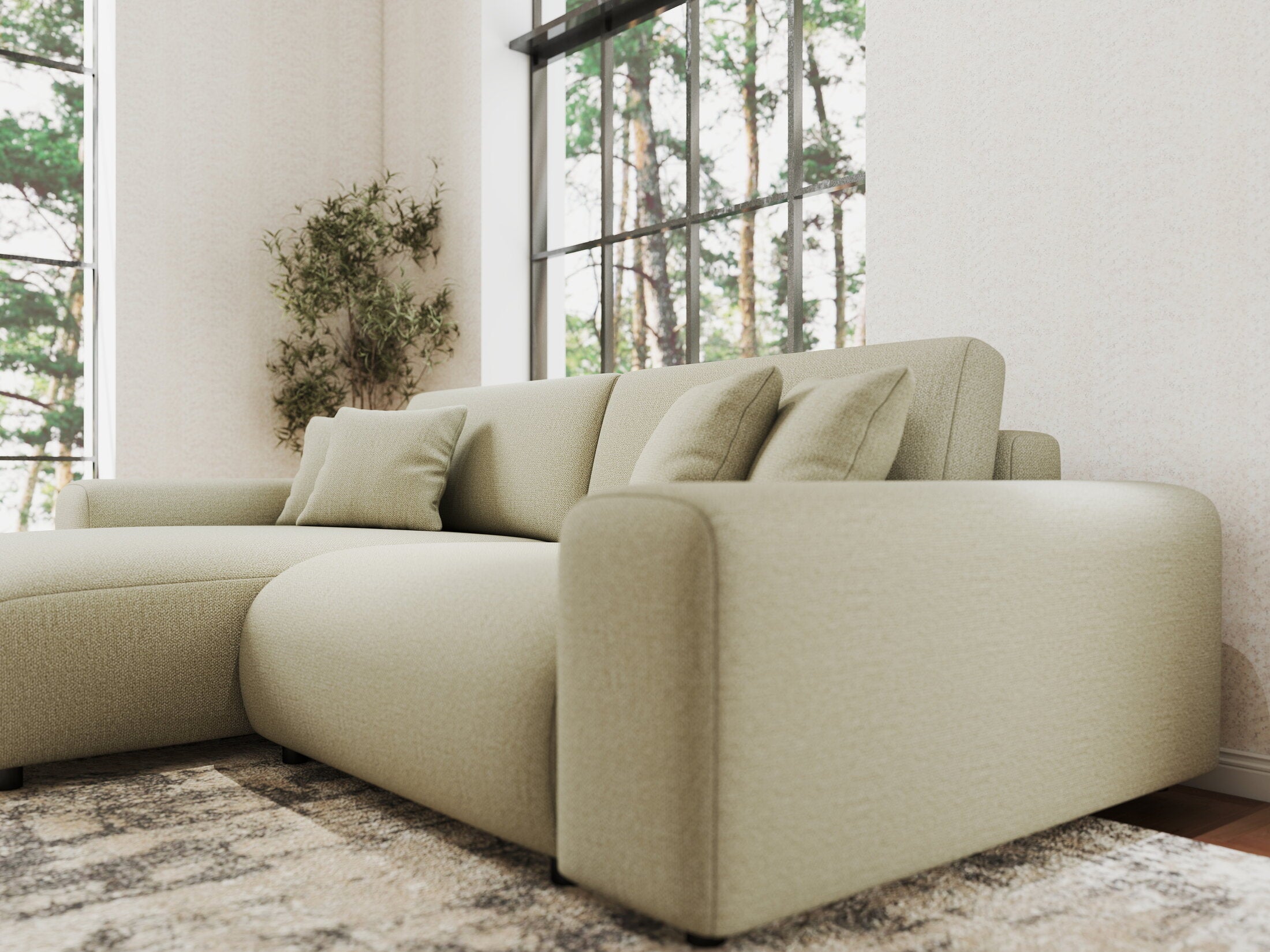 Colțar extensibil dumonde cu ladă de depozitare si sezut confortabil din spuma HR, Sarina Enjoy Bej 255x168 cm