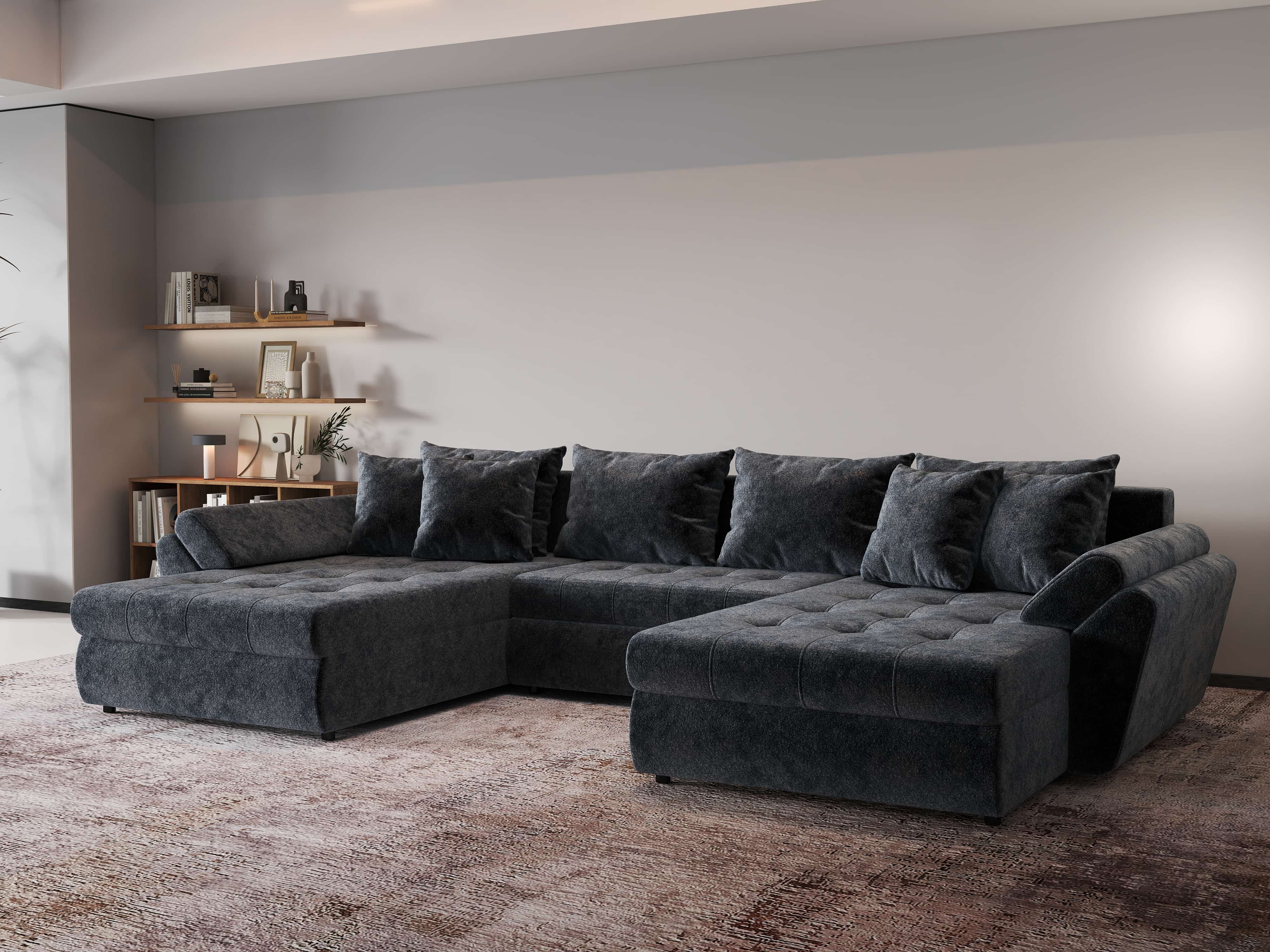 Colțar extensibil dumonde cu ladă de depozitare si sezut confortabil din spuma HR, Loana U Euphoria Grafit 355x185 cm Fabrica