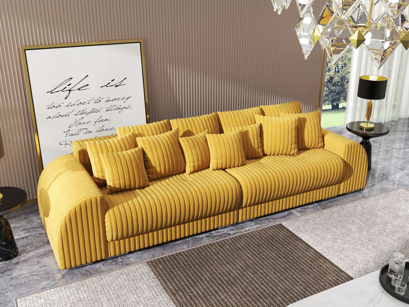 Canapea extensibilă dumonde cu 2 lăzi de depozitare si sezut confortabil din spuma HR, Verona Ambiance Mustar 310x100 cm Fabrica