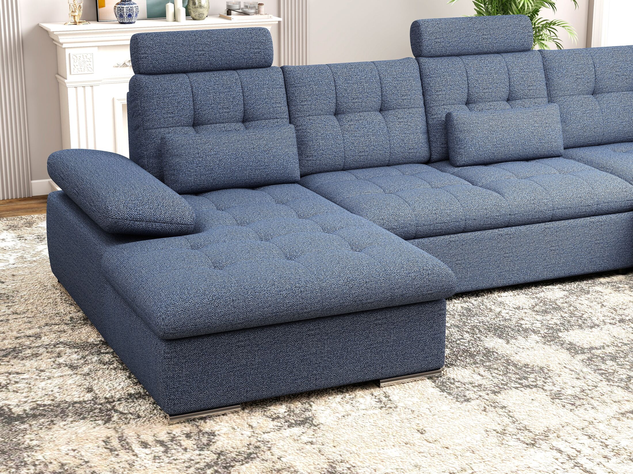 Colțar extensibil dumonde cu ladă de depozitare și șezut confortabil din spumă HR, Merkur U Enjoy Albastru 324x218 cm