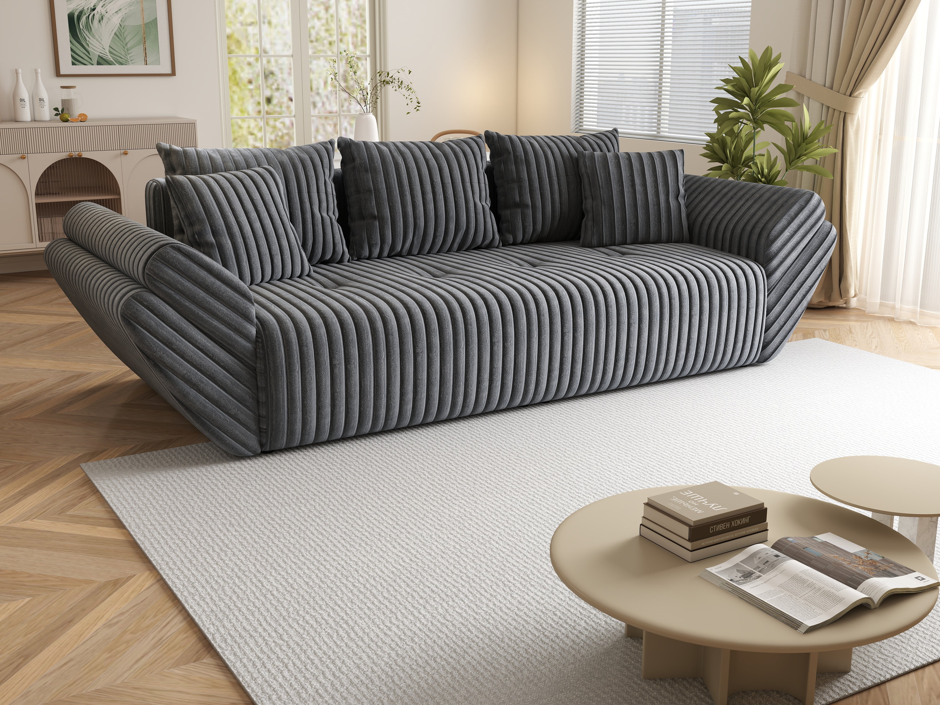 Canapea extensibilă dumonde cu ladă de depozitare si sezut confortabil din spuma HR, Berlin Ambience Grey 250x100 cm Fabrica