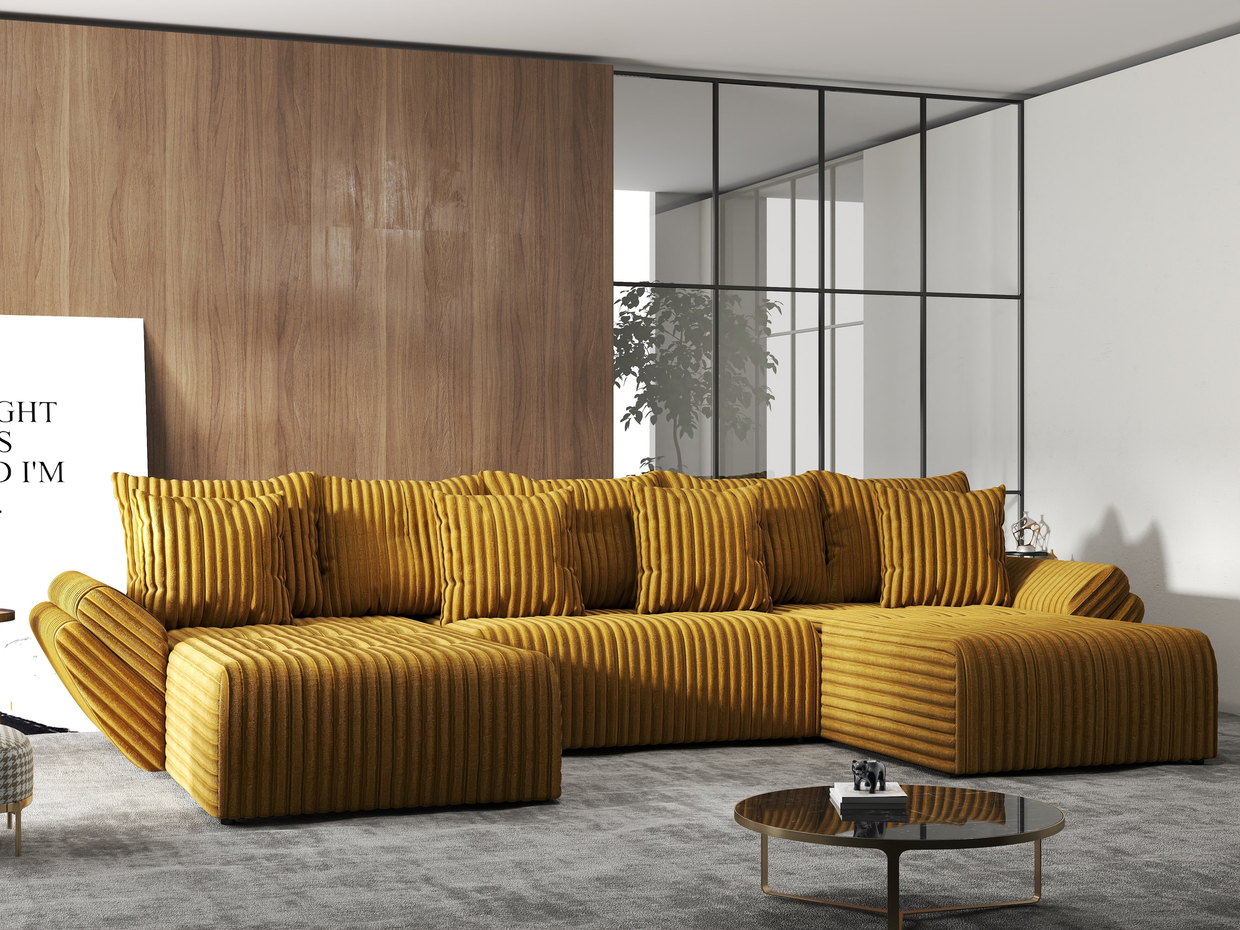 Colțar extensibil dumonde cu ladă de depozitare si sezut confortabil din spuma HR, Berlin U Ambiance Mustar 380x180 cm Fabrica