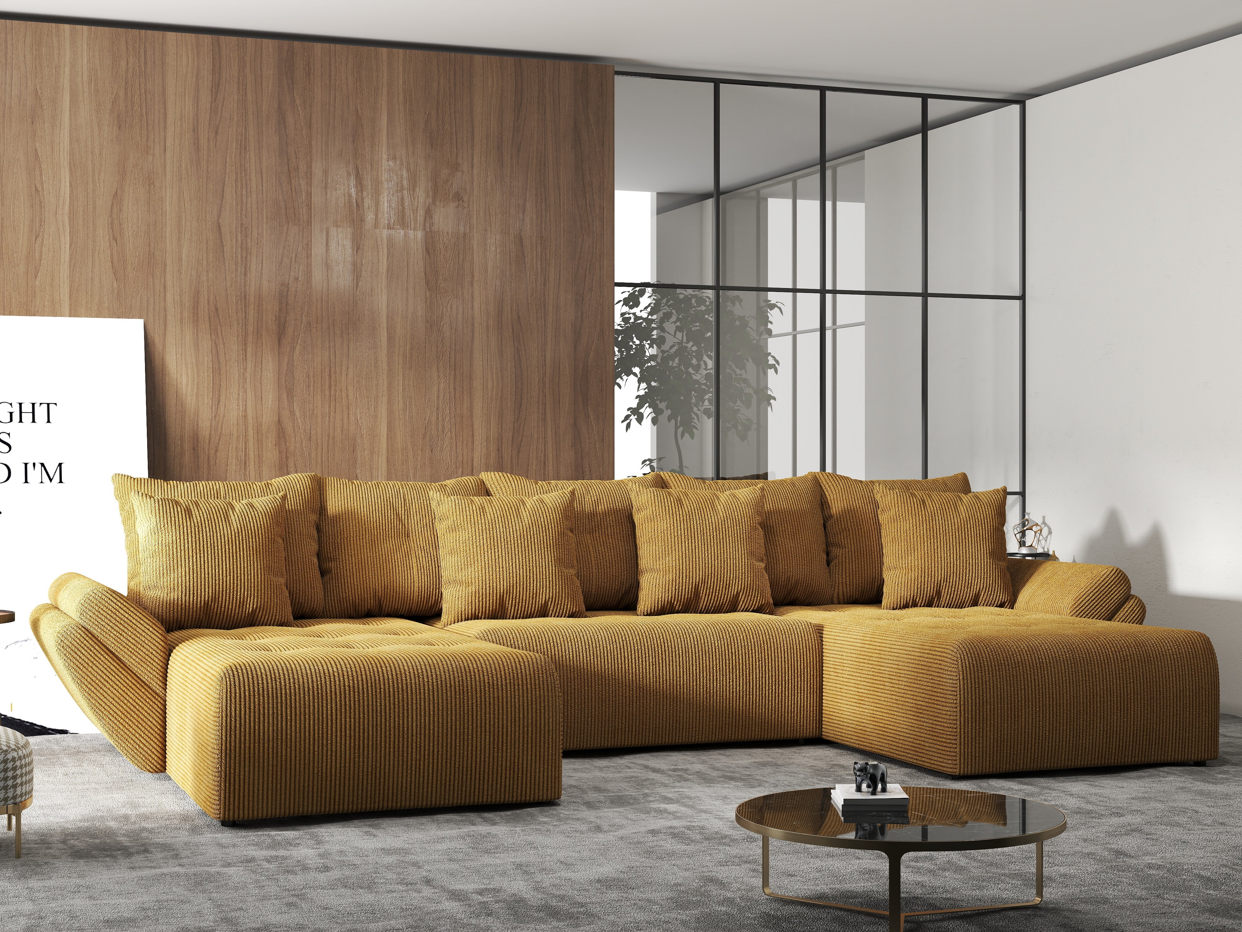 Colțar extensibil dumonde cu ladă de depozitare si sezut confortabil din spuma HR, Berlin U Zoom Mustar 380x180 cm Fabrica