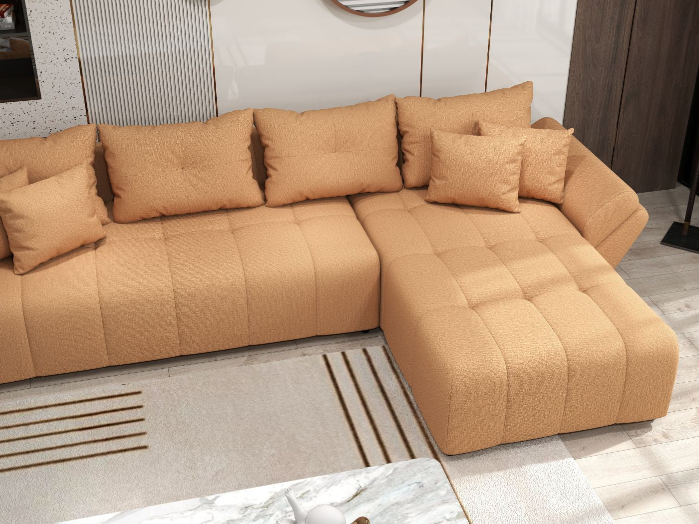 Colțar extensibil dumonde cu ladă de depozitare si sezut confortabil din spuma HR, Berlin XL Enjoy Mango 350x185 cm II Fabrica