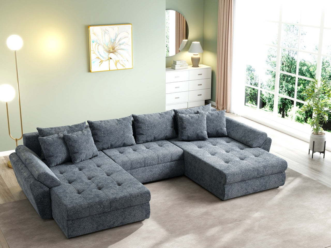 Colțar extensibil dumonde cu ladă de depozitare si sezut confortabil din spuma HR, Loana U Euphoria Grafit 355x185 cm