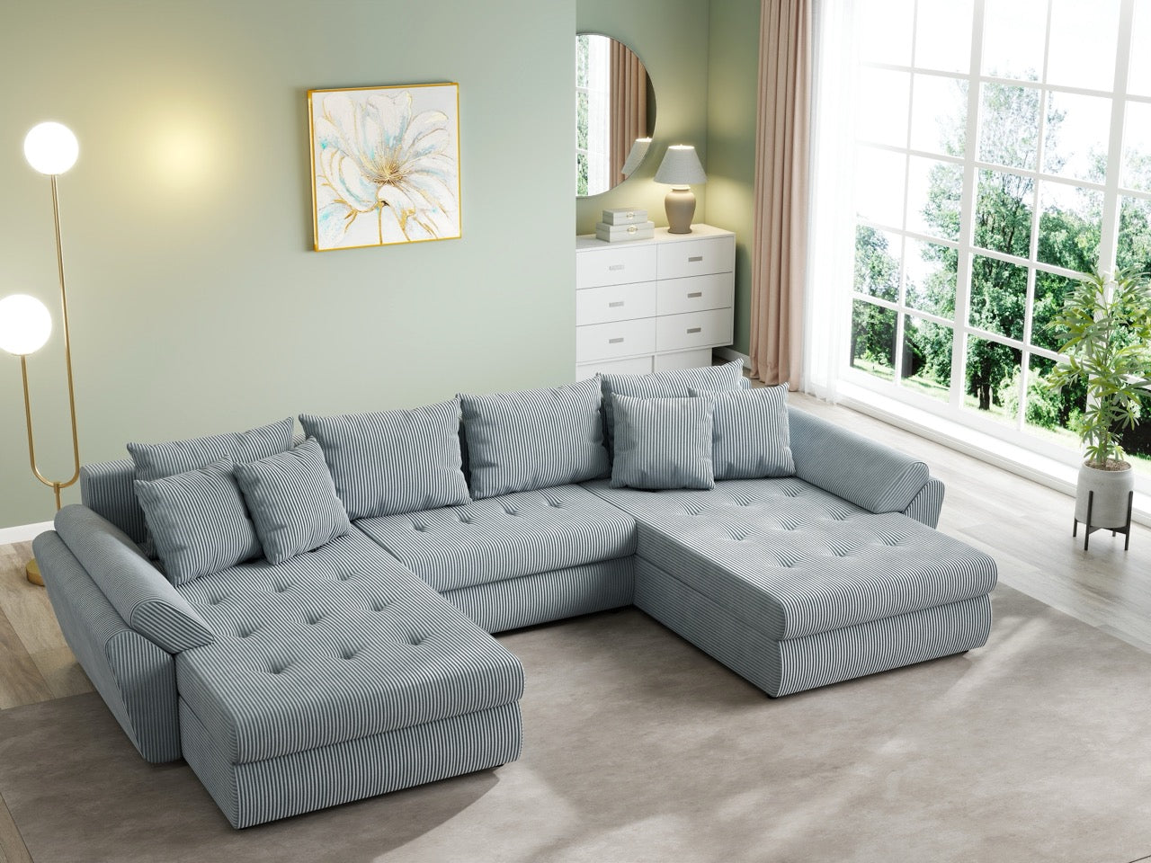 Colțar extensibil dumonde cu ladă de depozitare si sezut confortabil din spuma HR, Loana U Zoom Grey 355x185 cm