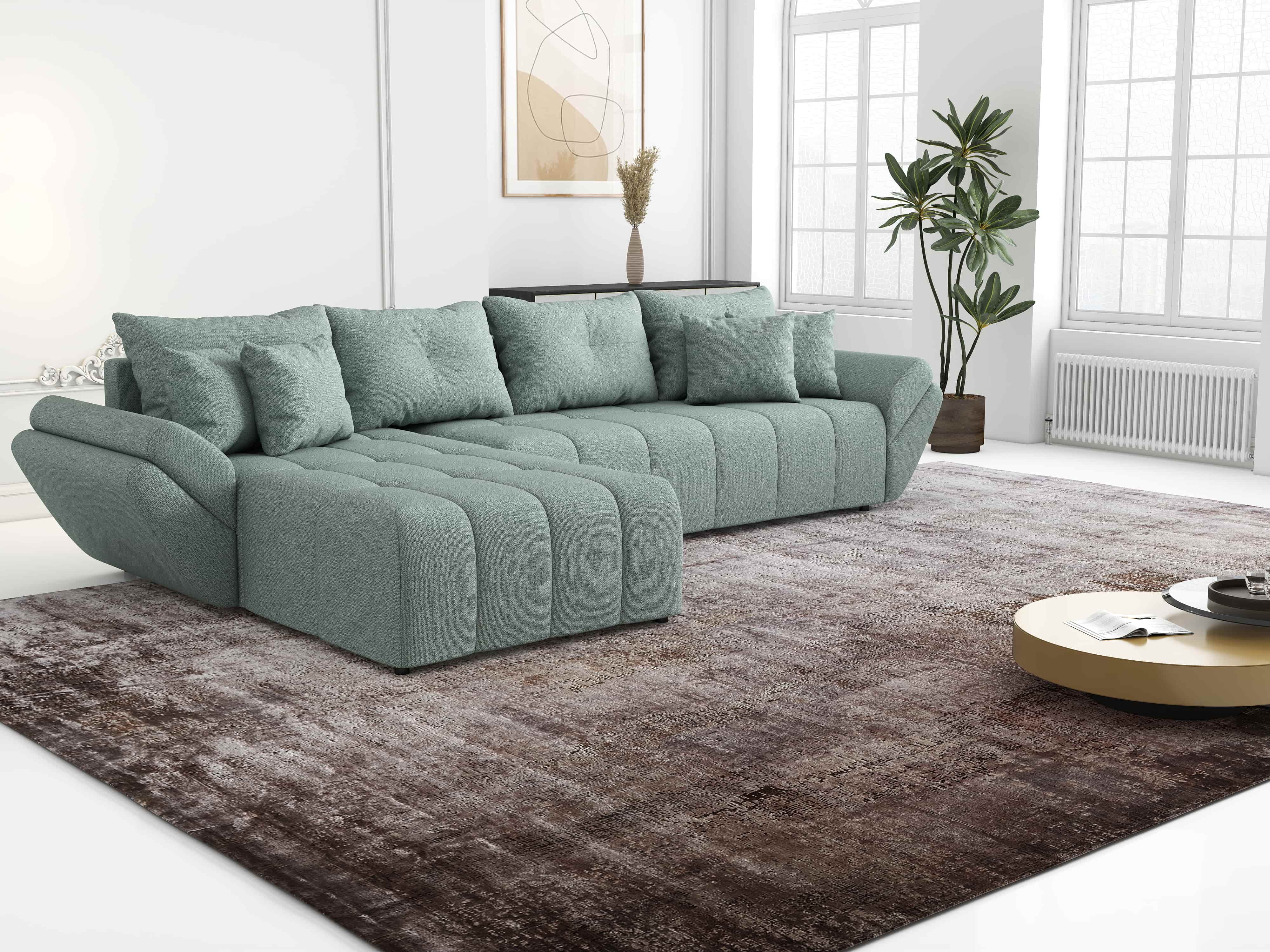 Colțar extensibil dumonde cu ladă de depozitare si sezut confortabil din spuma HR, Berlin XL Enjoy Mint 350x185 cm Fabrica