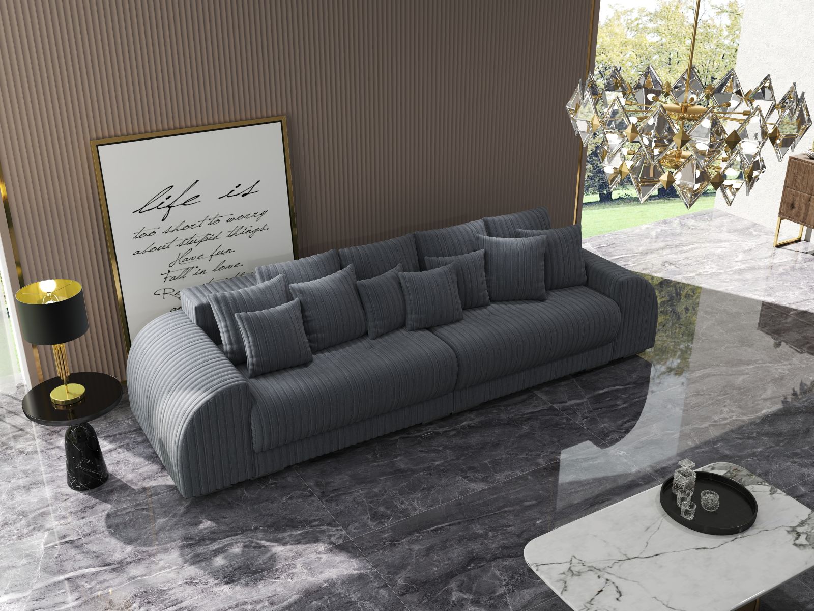 Canapea extensibilă dumonde cu 2 lăzi de depozitare si sezut confortabil din spuma HR, Verona Ambience Grey 310x100 cm Fabrica